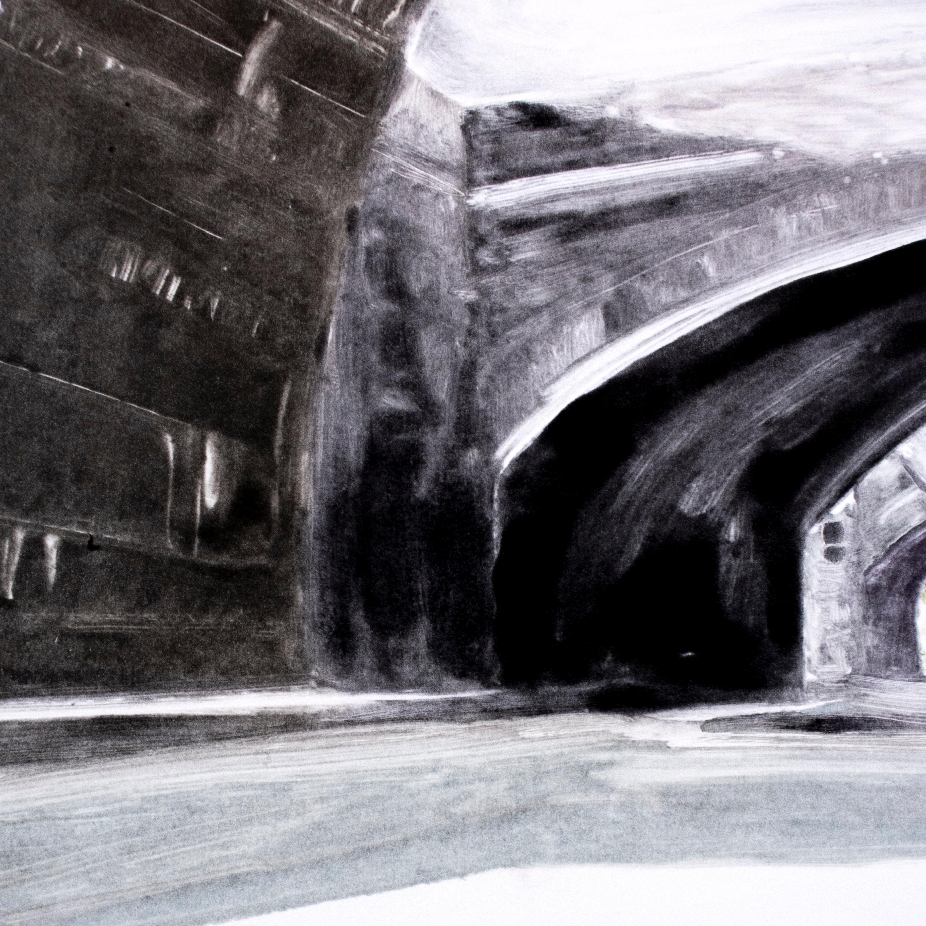 Bridge: black and white minimalist architectural monotype painting  - Contemporary Print by Michele Zalopany