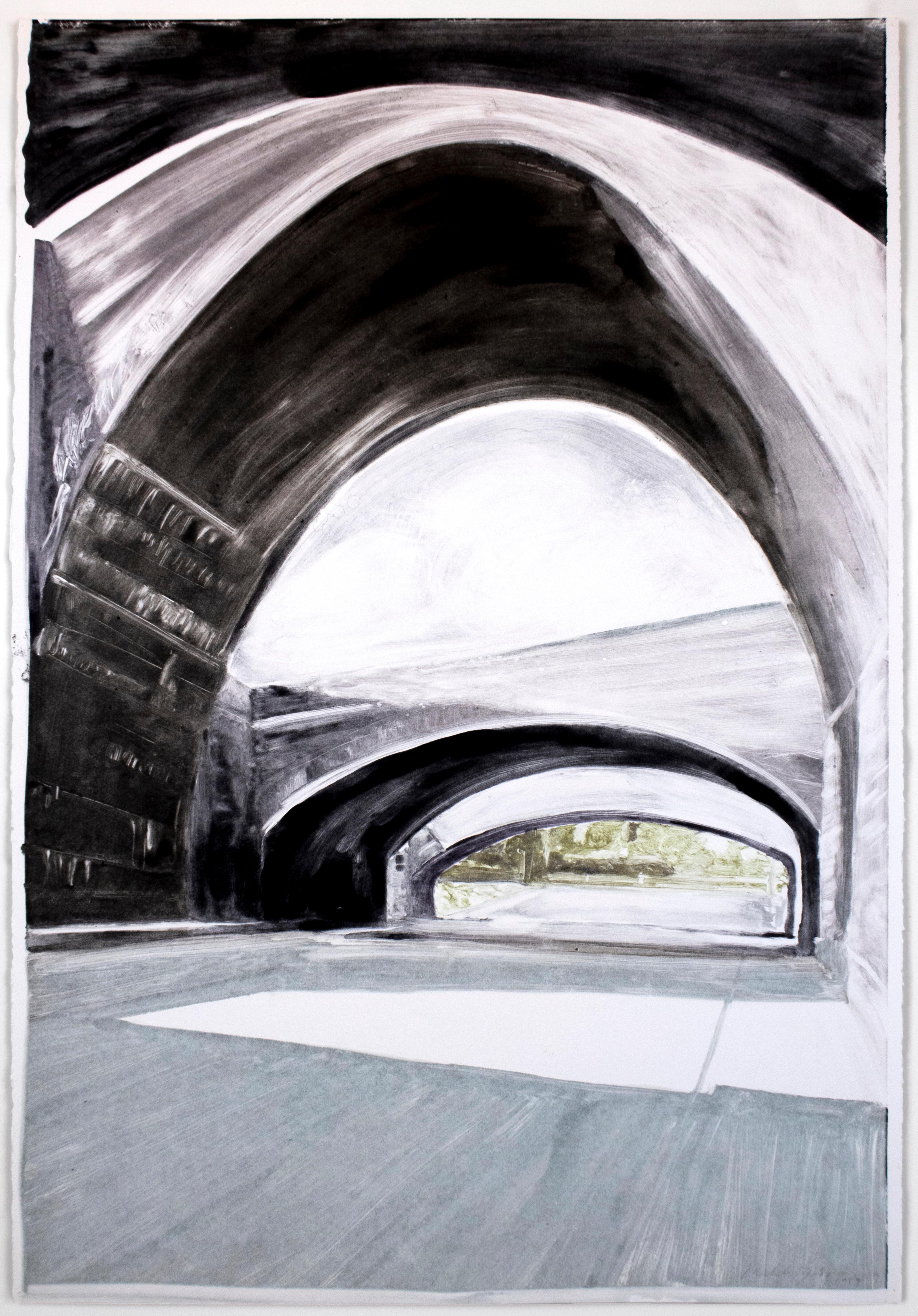 Bridge: black and white minimalist architectural monotype painting  - Print by Michele Zalopany