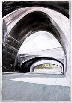 Bridge: black and white minimalist architectural monotype painting