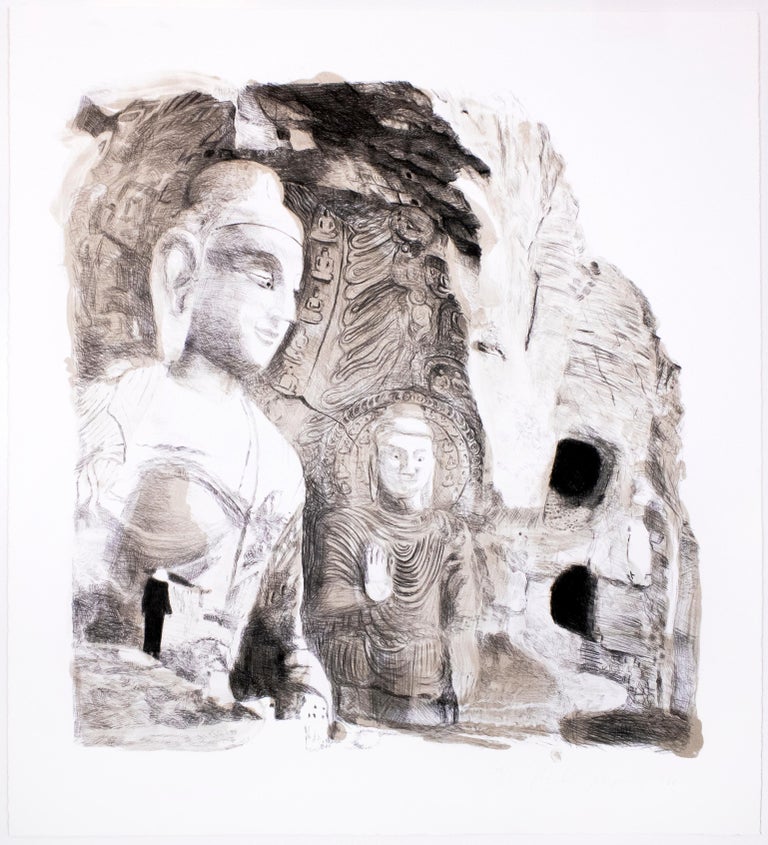 Buddha: Large scale minimalist Indian black and white zen cliff landscape  - Contemporary Print by Michele Zalopany