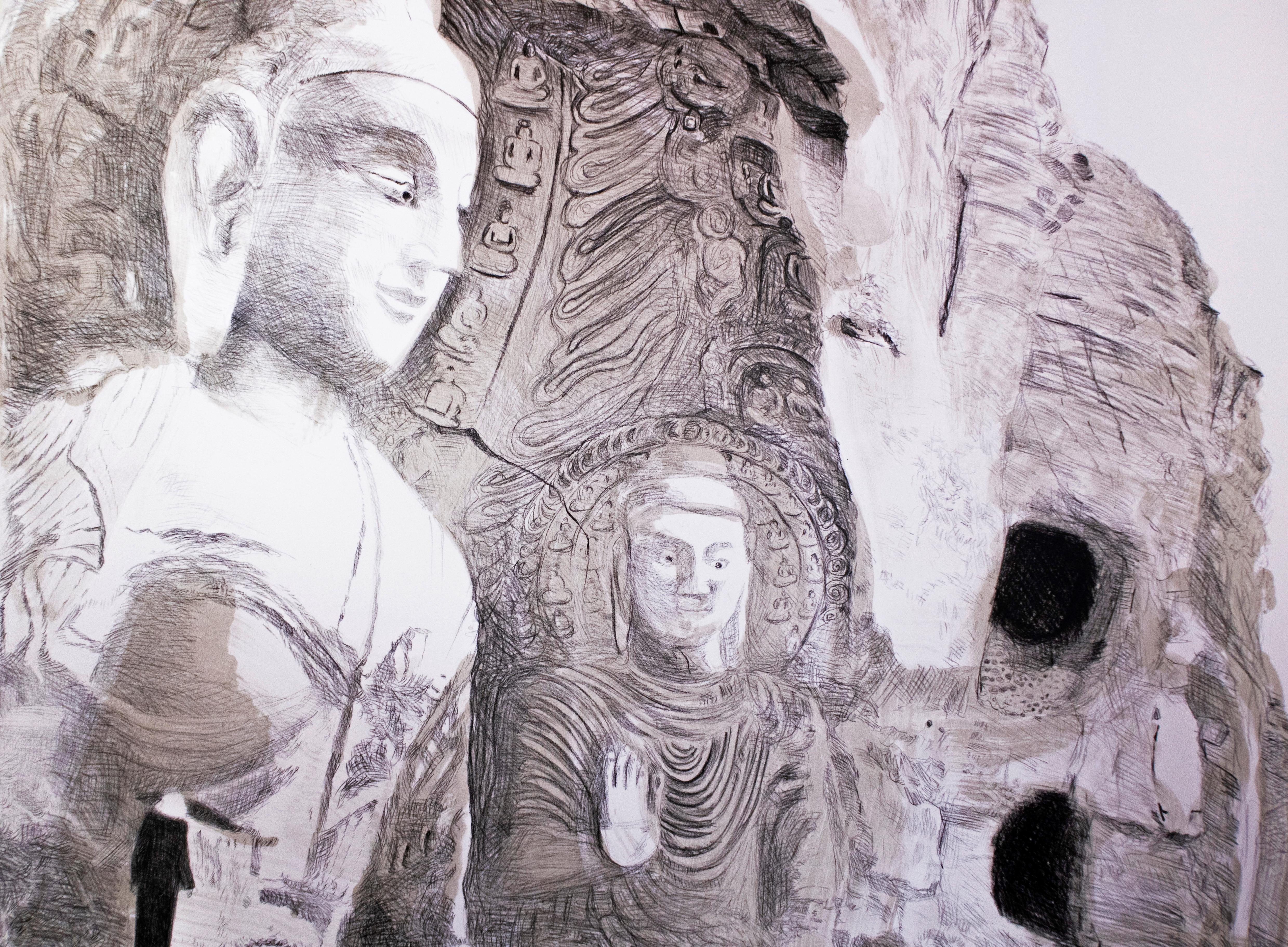 Buddha: Large scale minimalist Indian black and white zen cliff landscape 