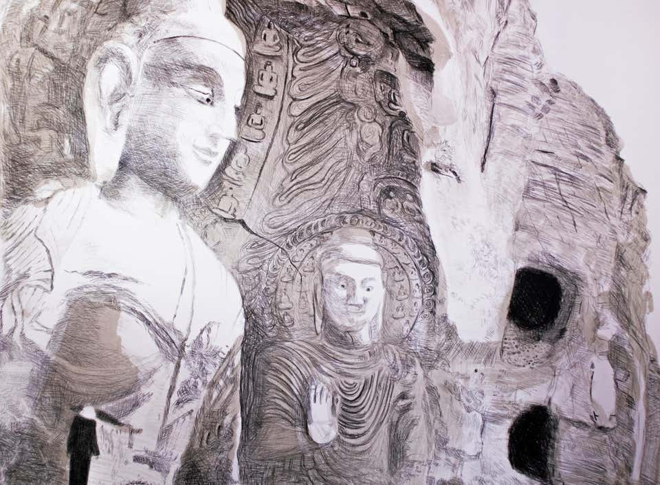 Buddha: Large scale minimalist Indian black and white zen cliff landscape