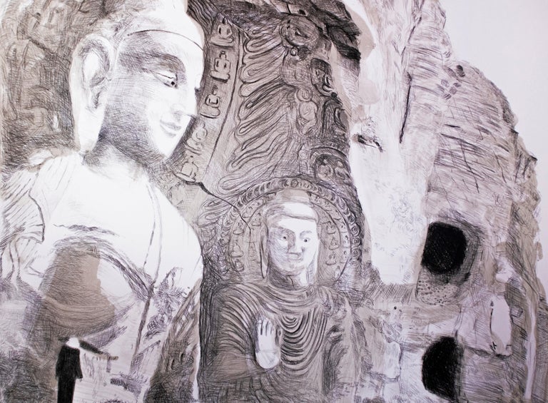 Michele Zalopany Figurative Print - Buddha: Large scale minimalist Indian black and white zen cliff landscape 