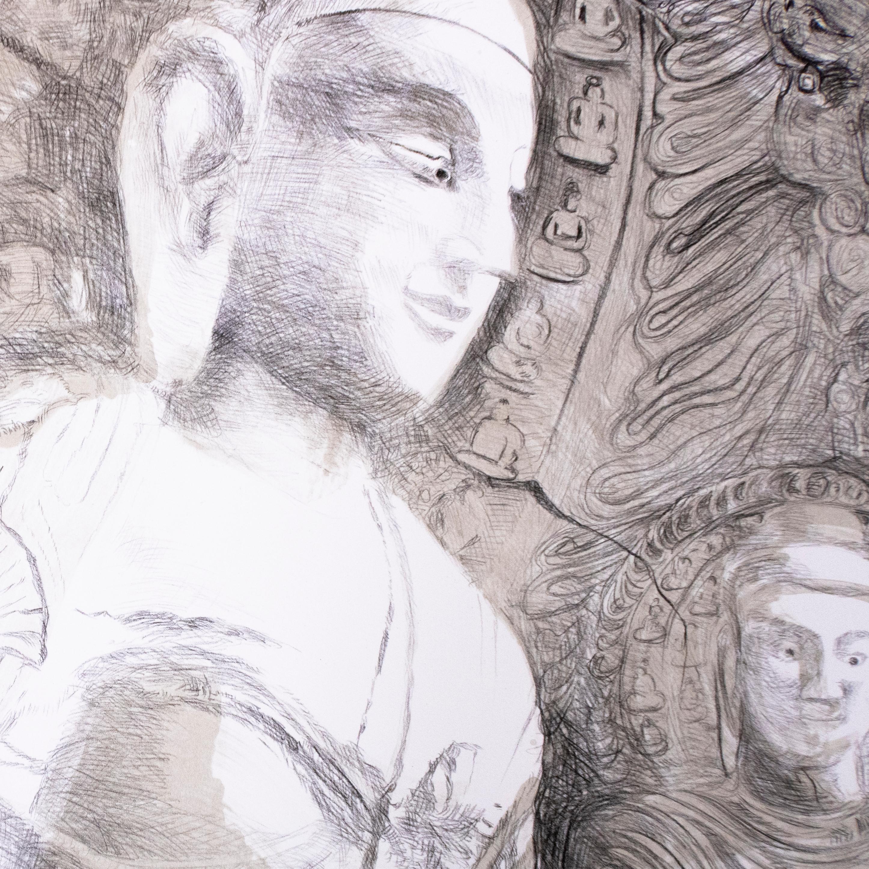 Ce paysage de falaise zen minimaliste en noir et blanc à grande échelle représente des bouddhas avec des mains en mudra en Inde. Des divinités en position de yoga du lotus avec des motifs floraux et végétaux et des dessins sculptés dans la pierre et