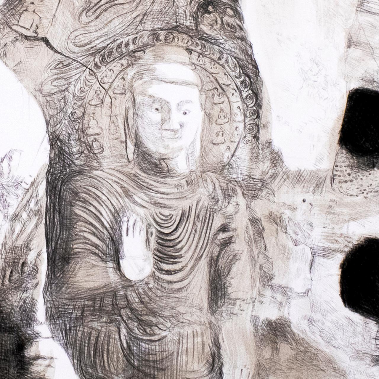 Buddha: Large scale minimalist Indian black and white zen cliff landscape  - Gray Figurative Print by Michele Zalopany