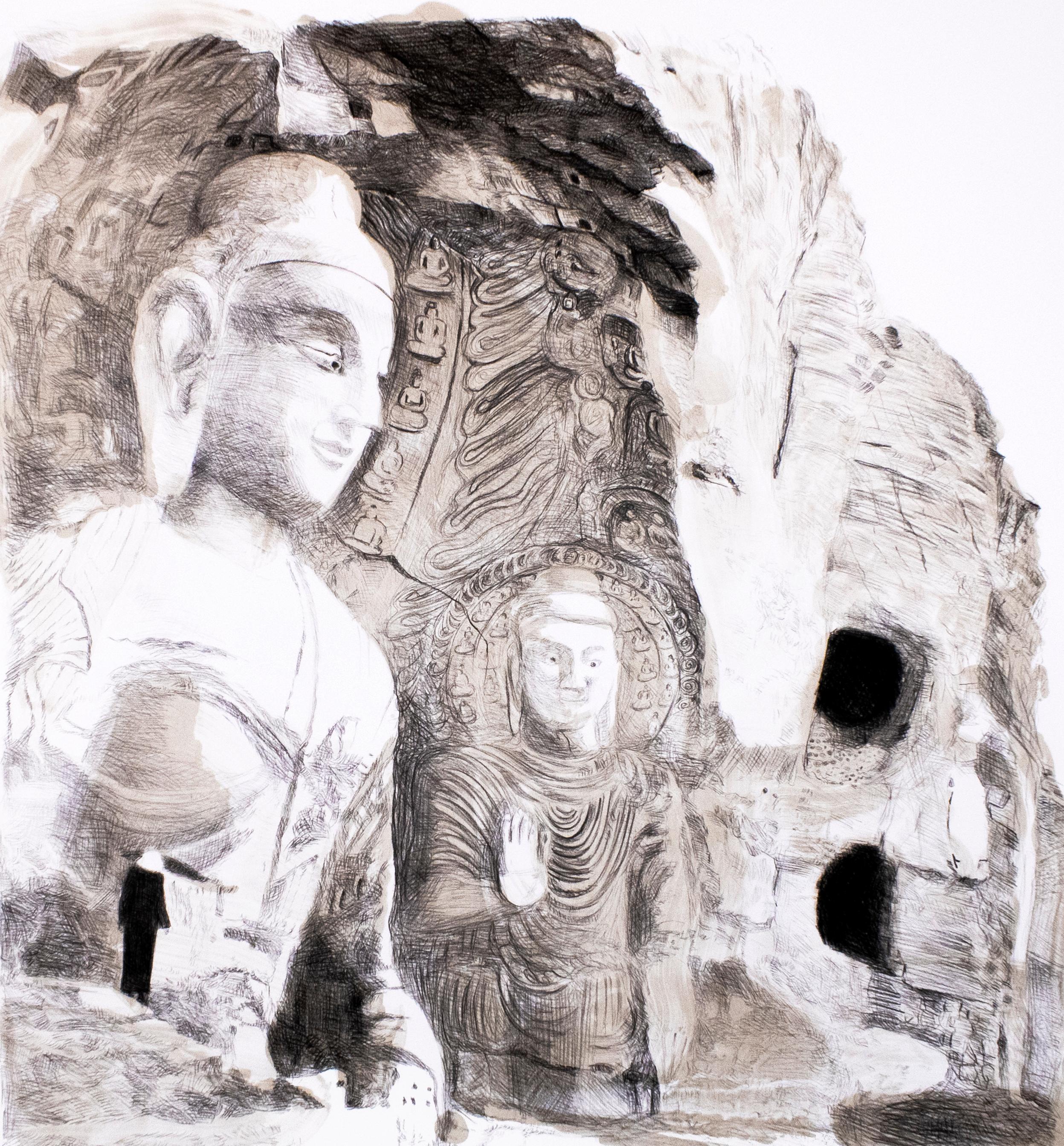 Bouddha : paysage indien minimaliste de falaise zen en noir et blanc à grande échelle  - Print de Michele Zalopany