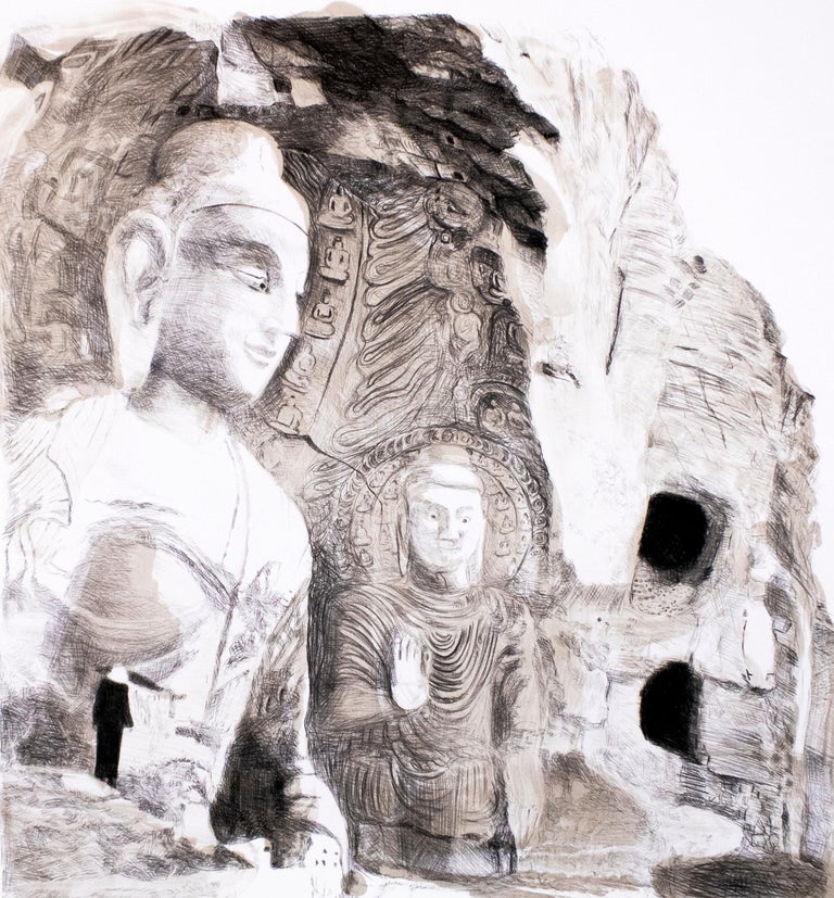 Buddha: Large scale minimalist Indian black and white zen cliff landscape  - Print by Michele Zalopany
