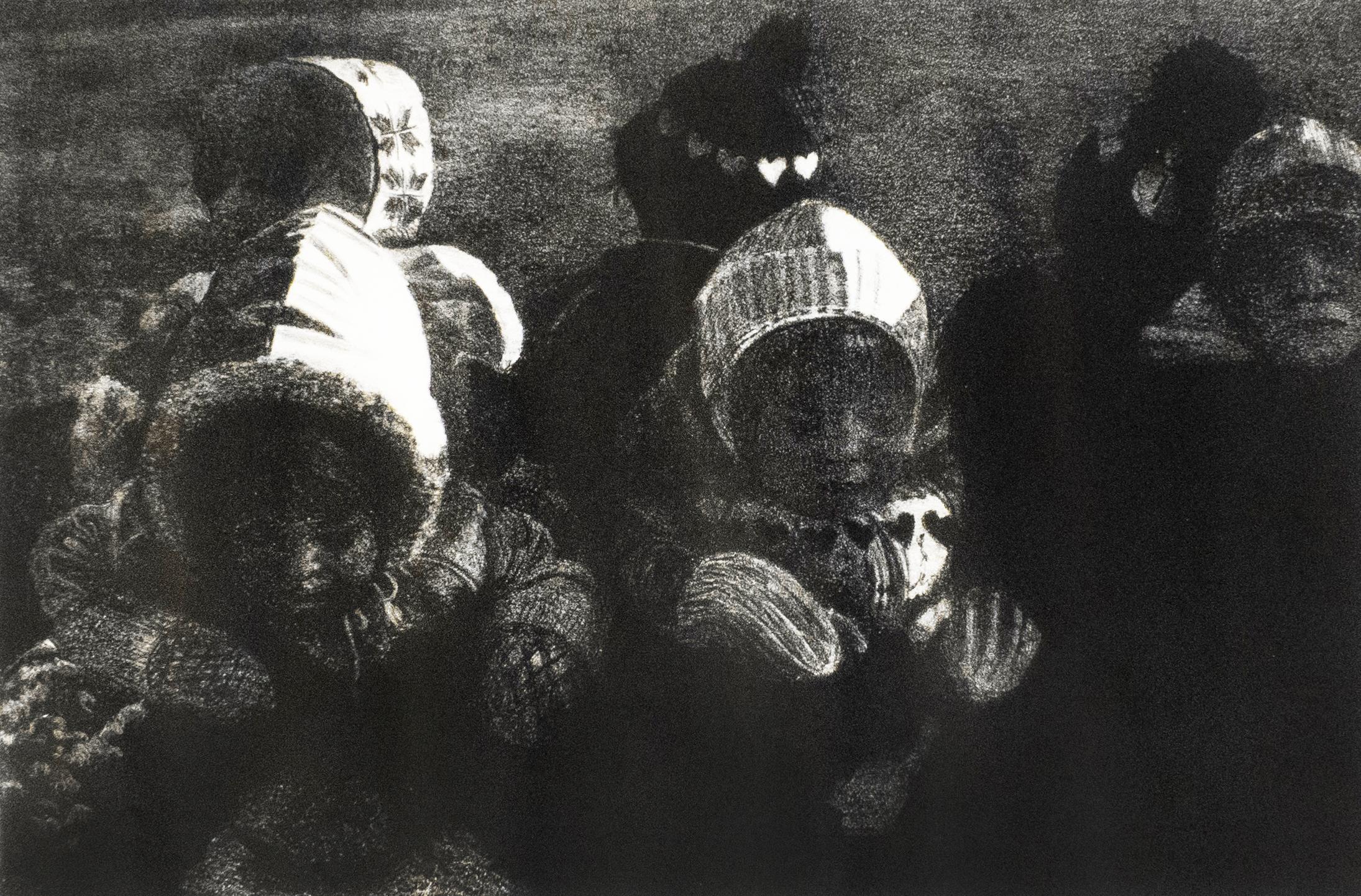 Niños: dibujo en blanco y negro de una escena invernal navideña