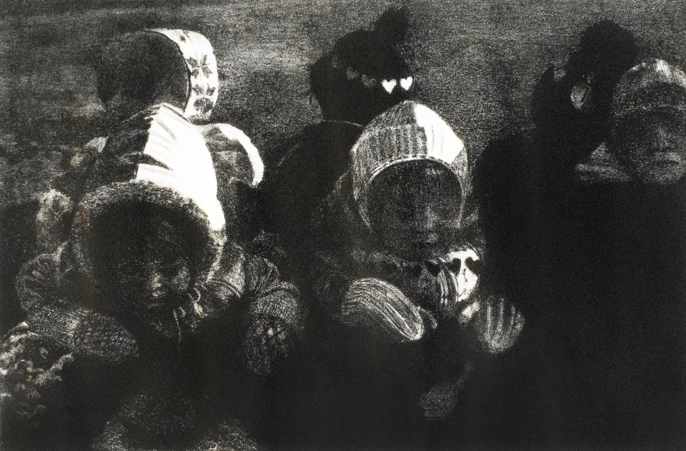 Michele Zalopany Portrait Print - Children: black and white drawing of Christmas holiday winter scene  