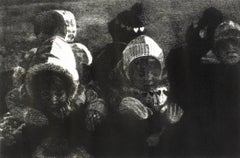 Children: black and white drawing of Christmas holiday winter scene
