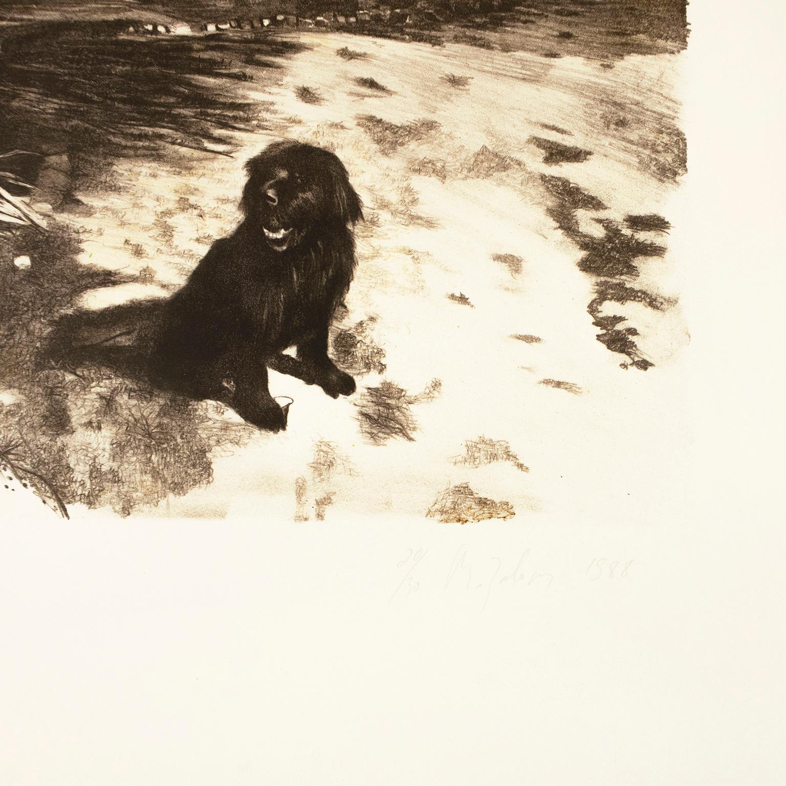 Dog : dessin réaliste et expressif d'un portrait en noir et blanc d'un chien de compagnie au soleil   - Contemporain Print par Michele Zalopany