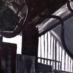 Interior I black, white large Monotype painting of modern minimalist interior