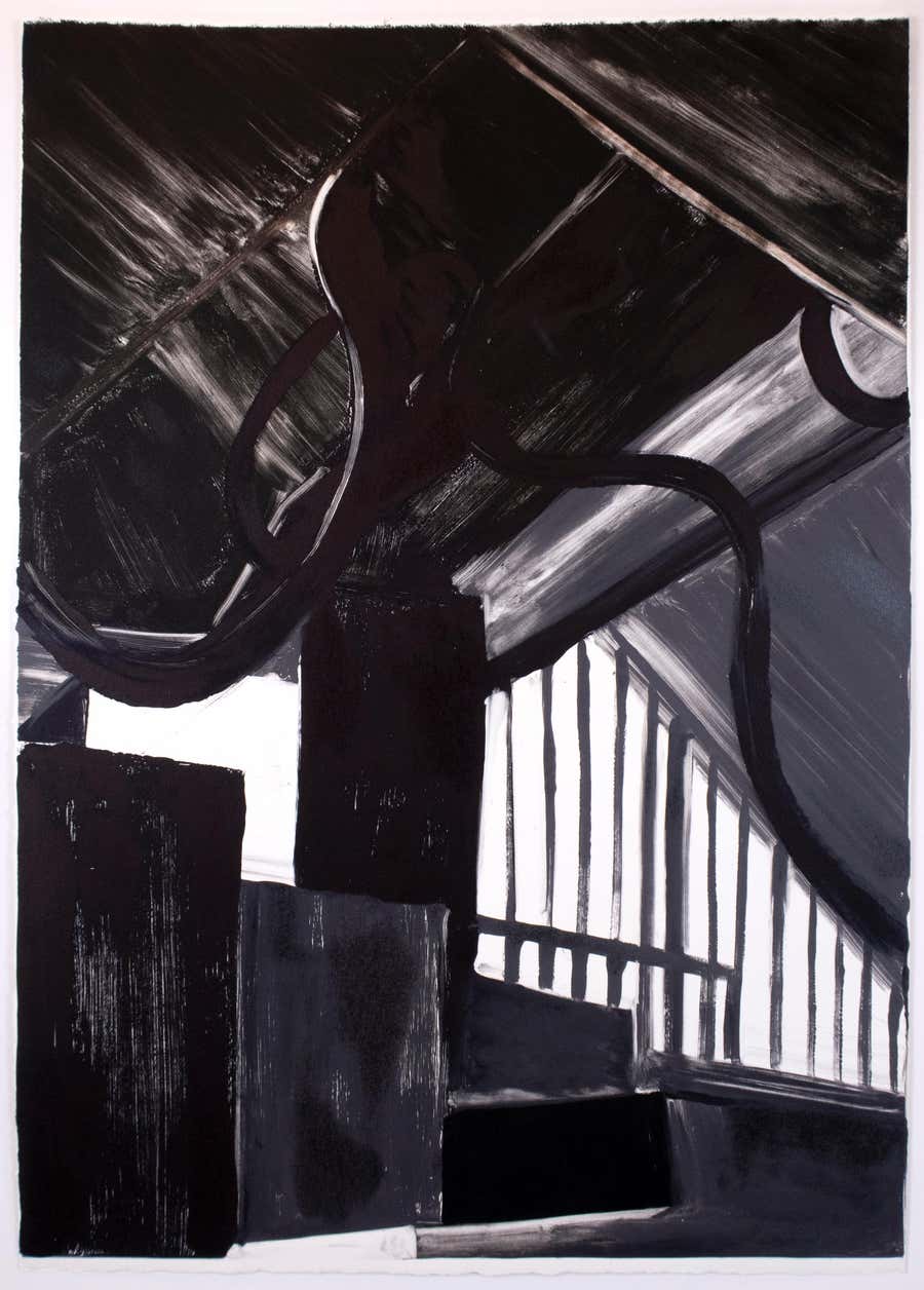 Interior I black, white large Monotype painting of modern minimalist interior