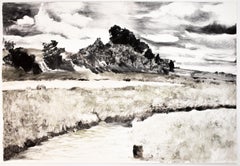 Vintage Landscape: abstract black, white, green and grey American West landscape