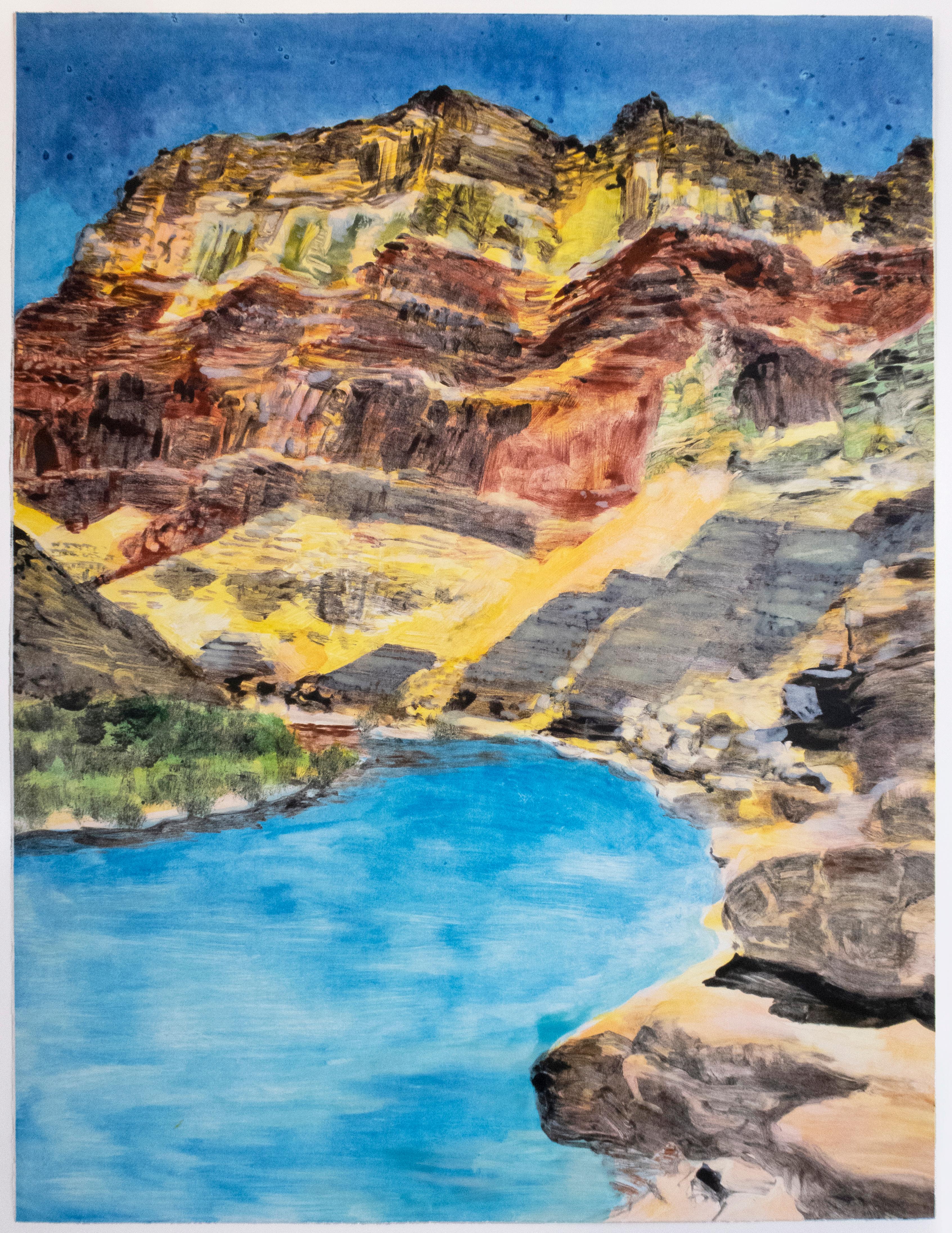 On the Map: Large scale color monotype, Western mountain landscape with blue sky - Print by Michele Zalopany