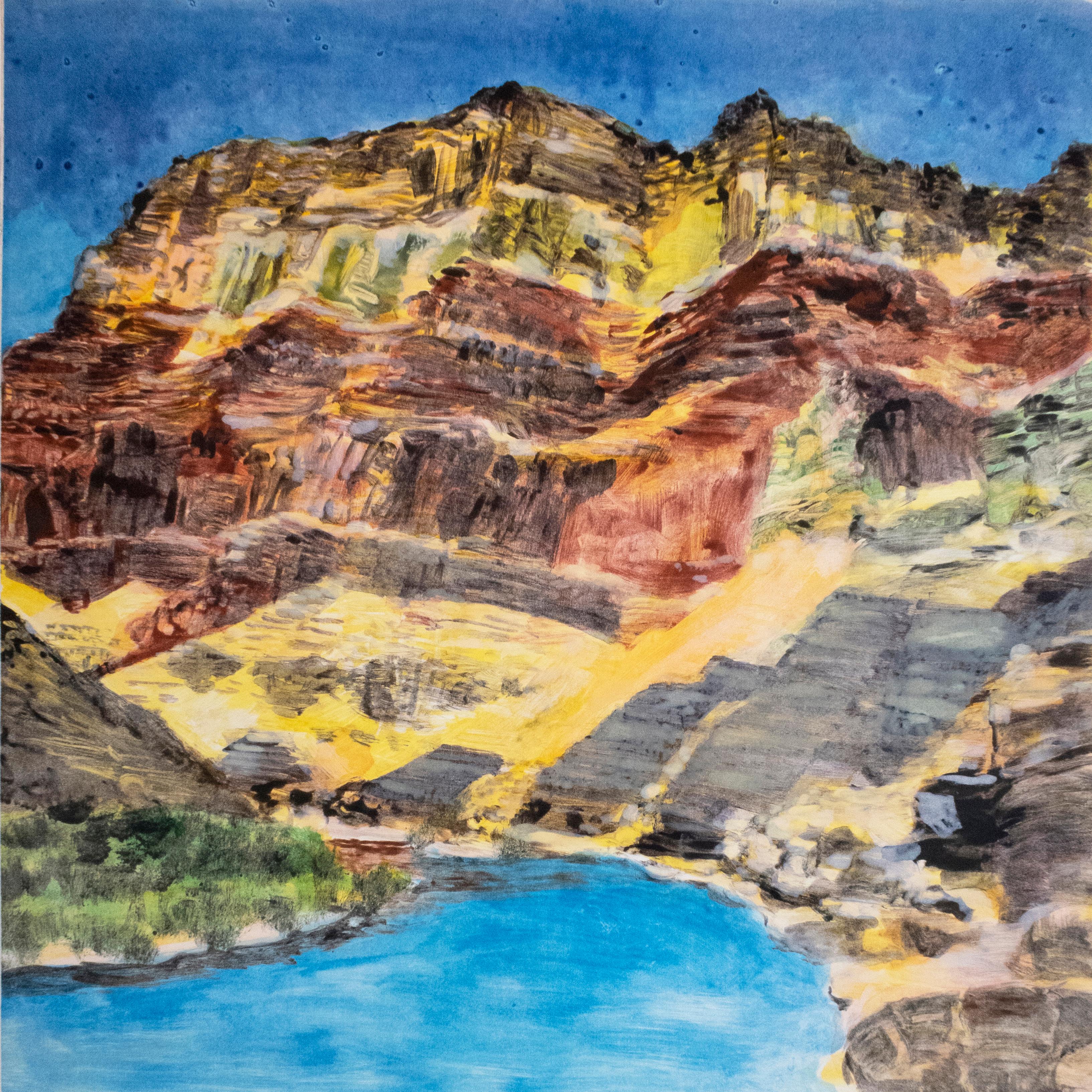 On the Map: Large scale color monotype, Western mountain landscape with blue sky