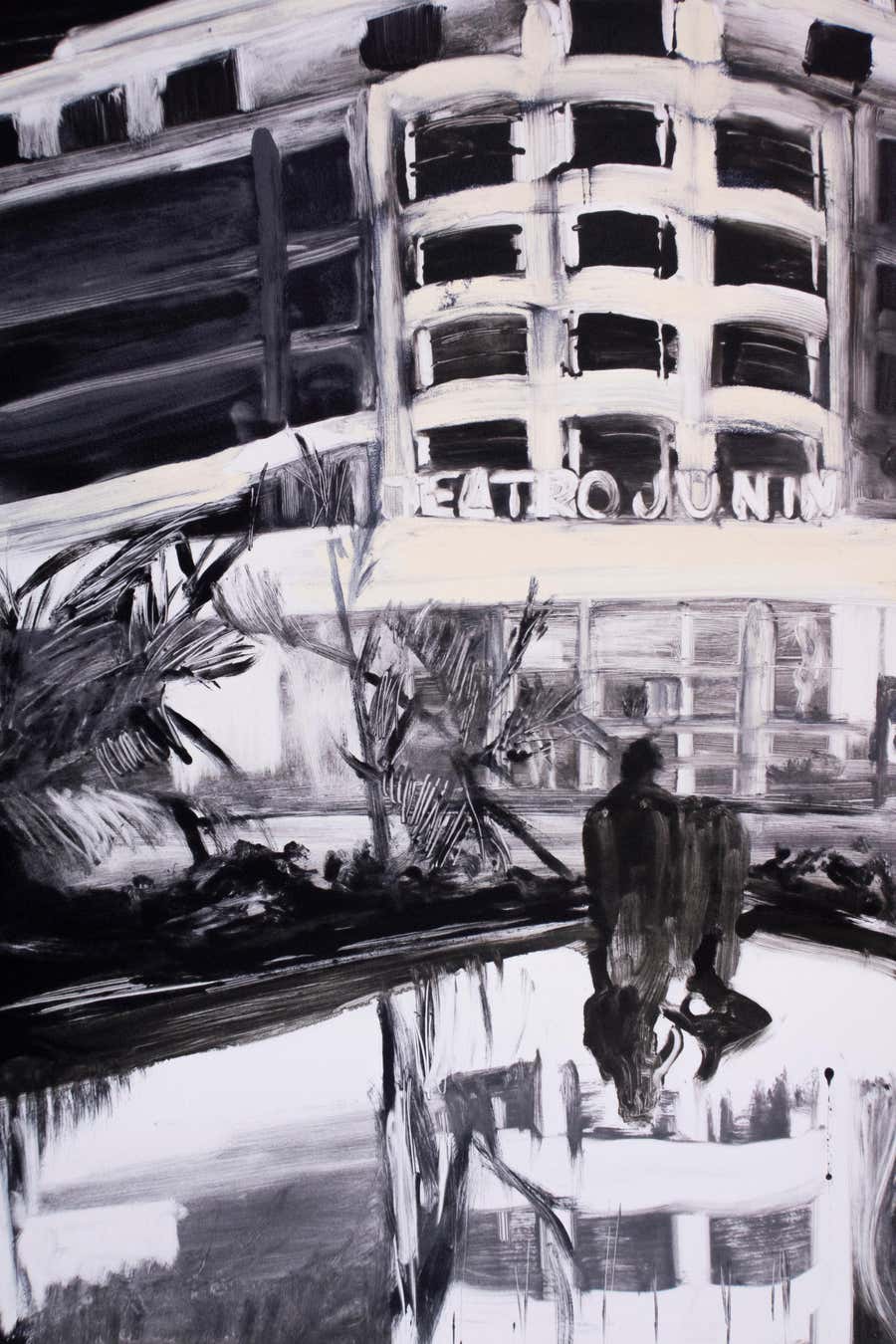 Teatro Junín, Caracas, Venezuela: black white city neon lights night landscape