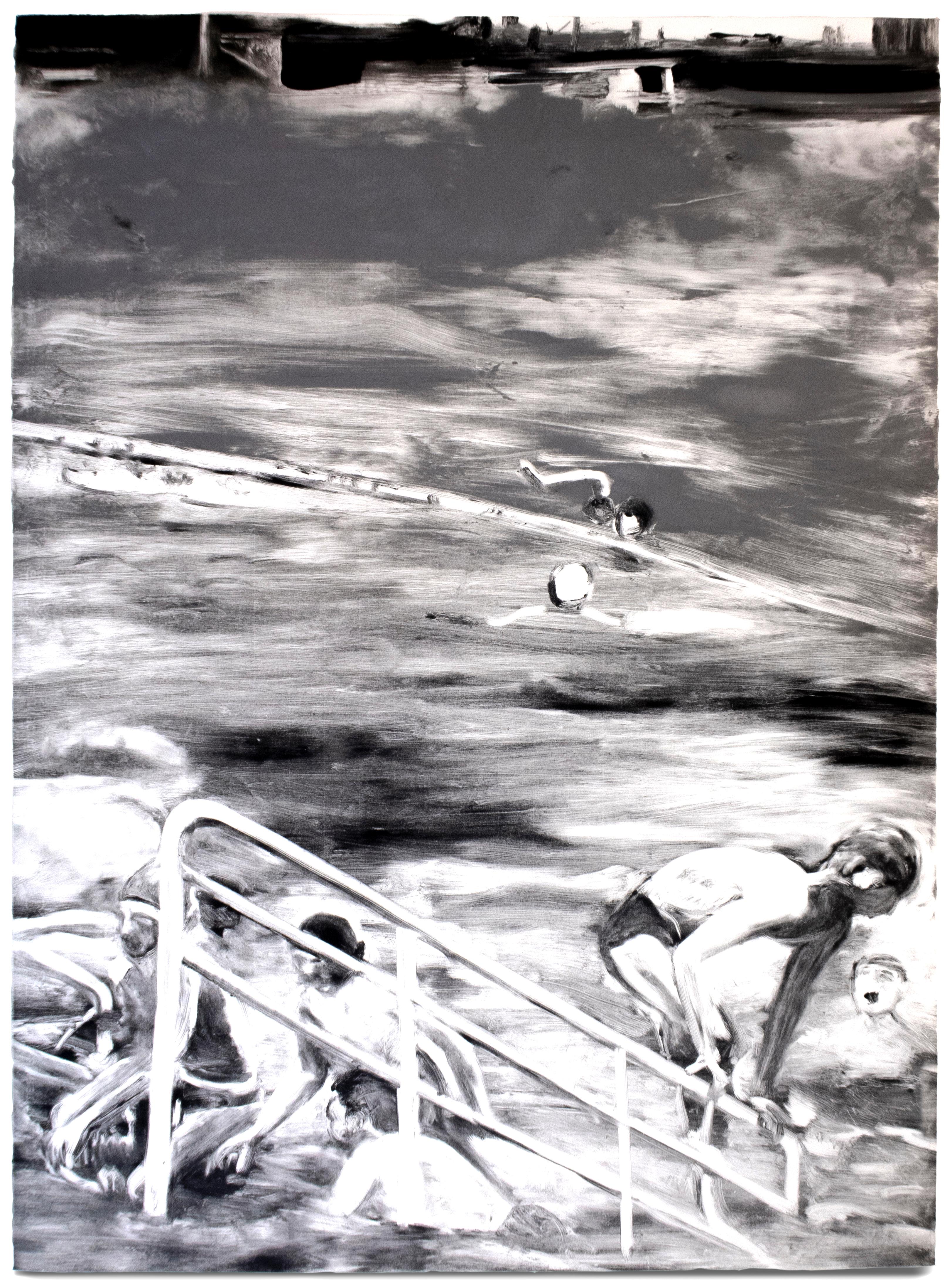 Temptation to Exist: black and white landscape of swimmers in pool  - Print by Michele Zalopany