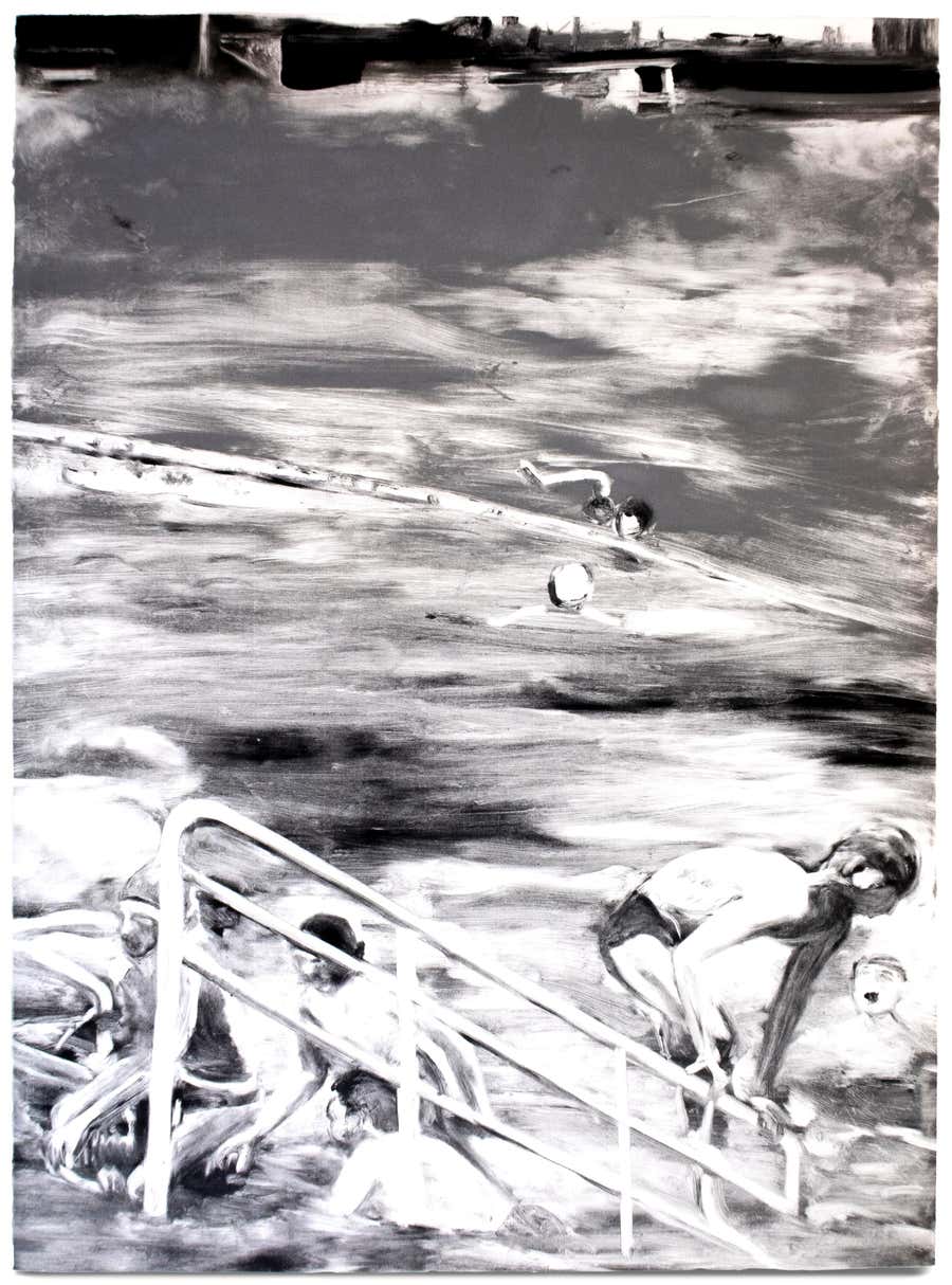 Temptation to Exist: black and white landscape of swimmers in pool