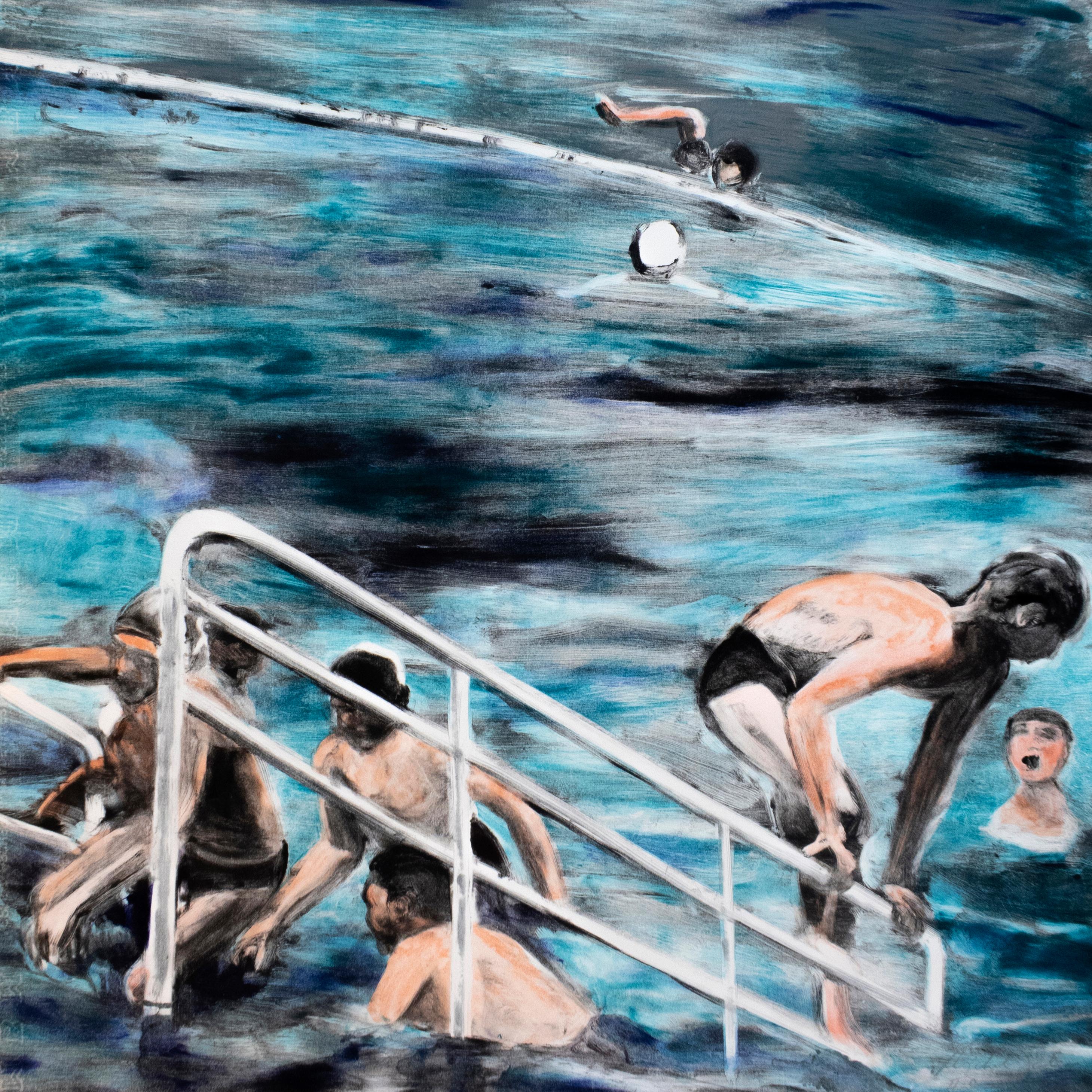Temptation to Exist: waterscape Monotype painting of swimmers city landscape 