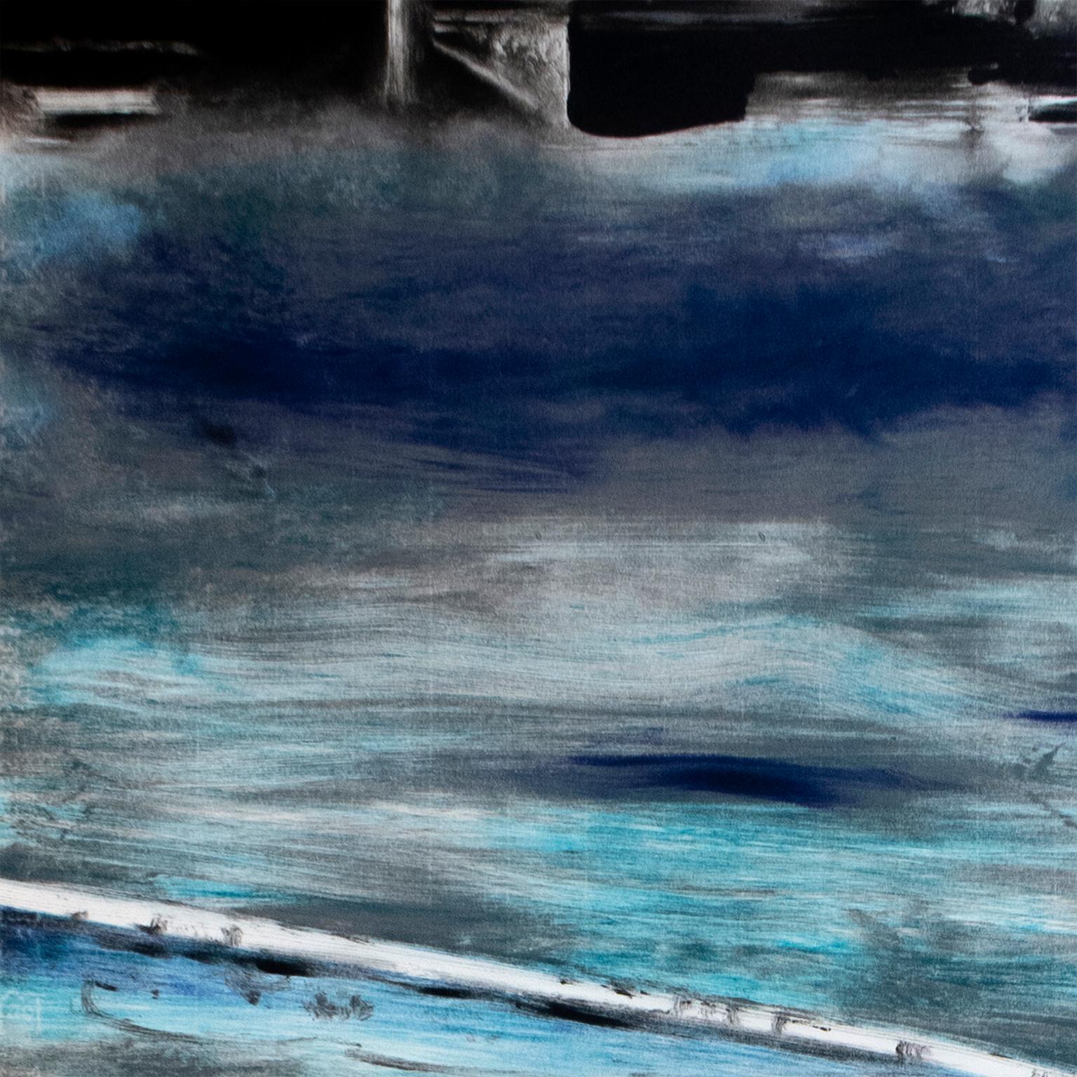 Paisaje urbano y paisaje en color con nadadores bañándose con amigos en una gran piscina o masa de agua azul zafiro. Este monotipo -una pintura única en tinta- presenta una escena atmosférica de ocio y deporte europeos. El agua turquesa contrasta
