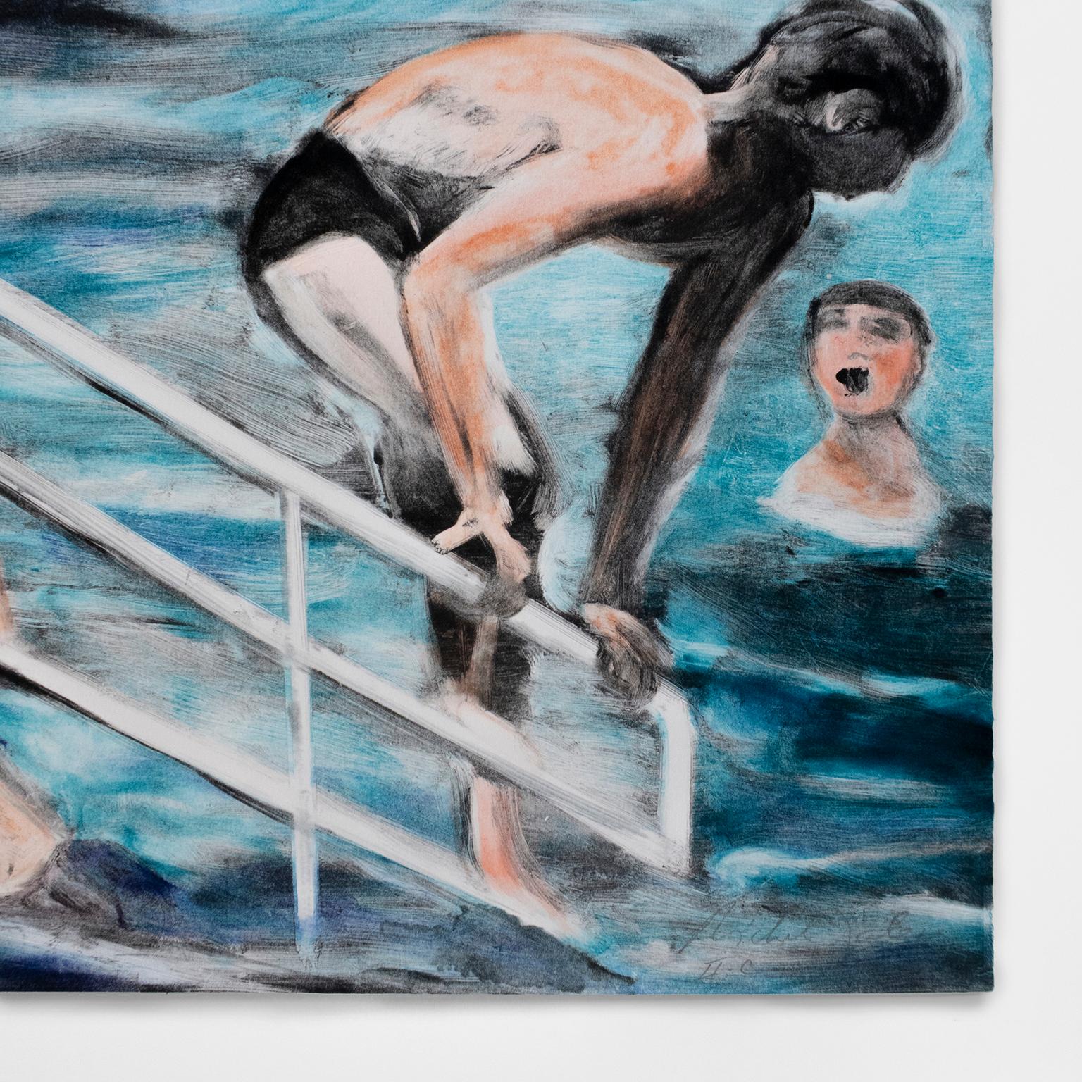 Temptation to Exist: waterscape Monotype painting of swimmers city landscape  - Contemporary Print by Michele Zalopany