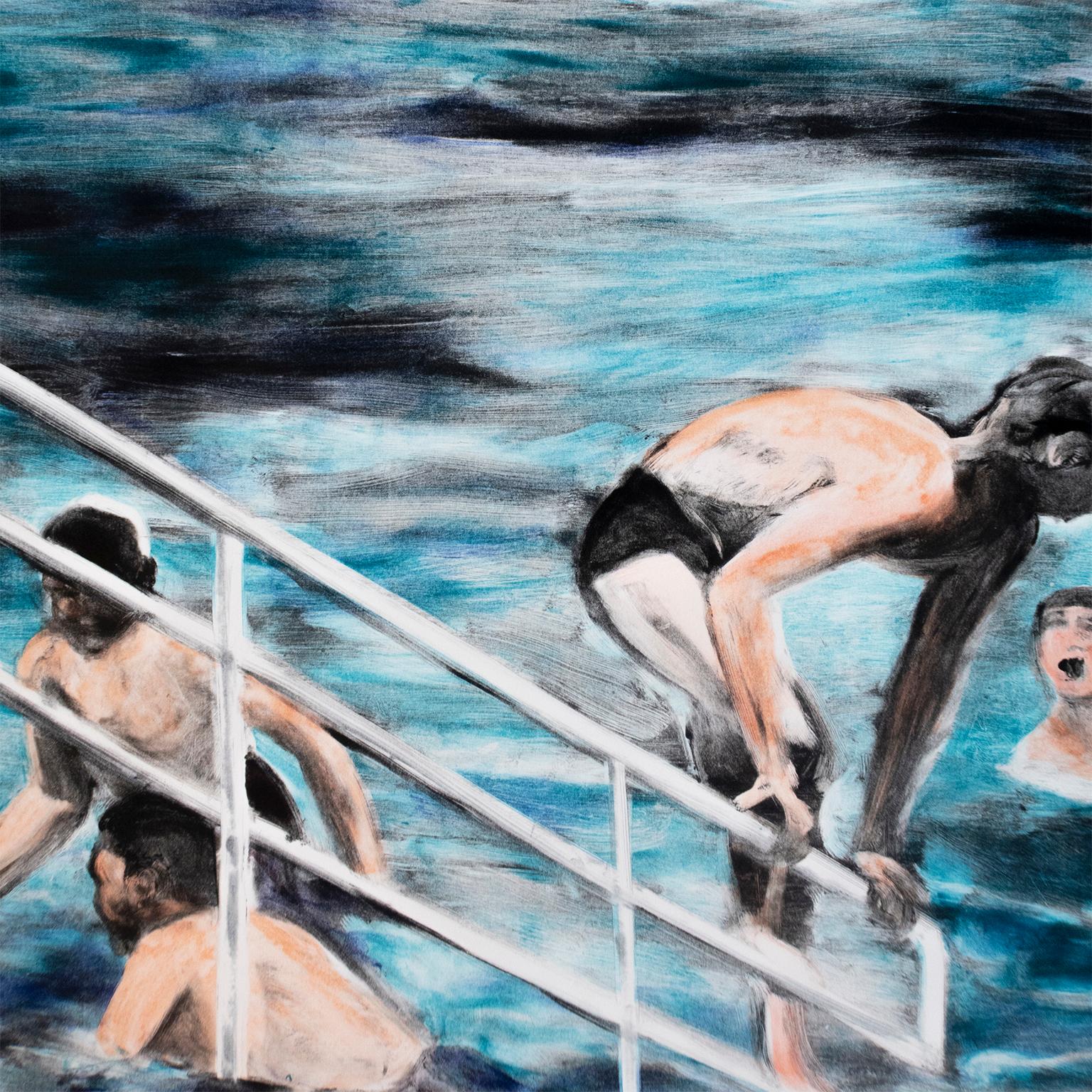 Temptation to Exist: waterscape Monotype painting of swimmers city landscape  - Gray Landscape Print by Michele Zalopany