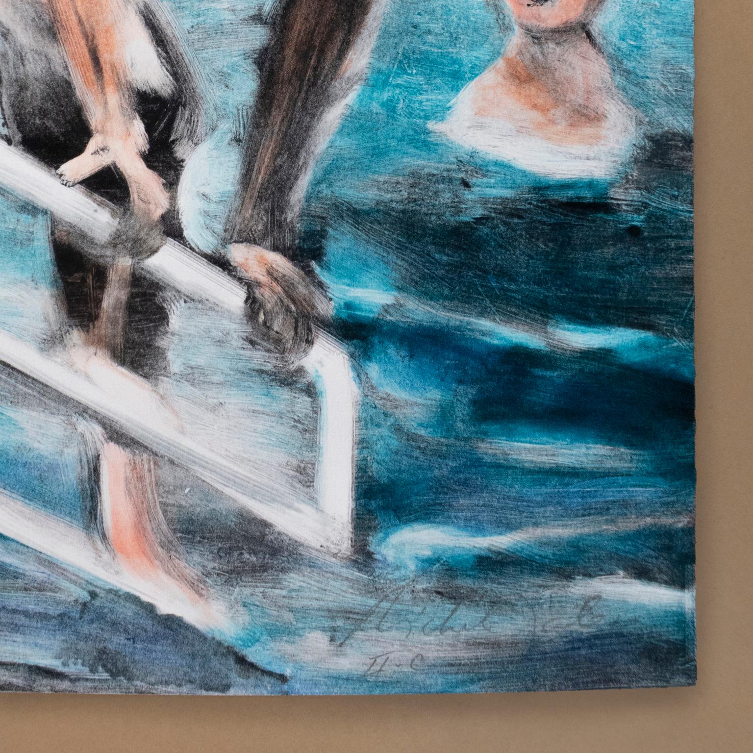 Tentación de existir: paisaje acuático Pintura monotipo de nadadores paisaje urbano en venta 3