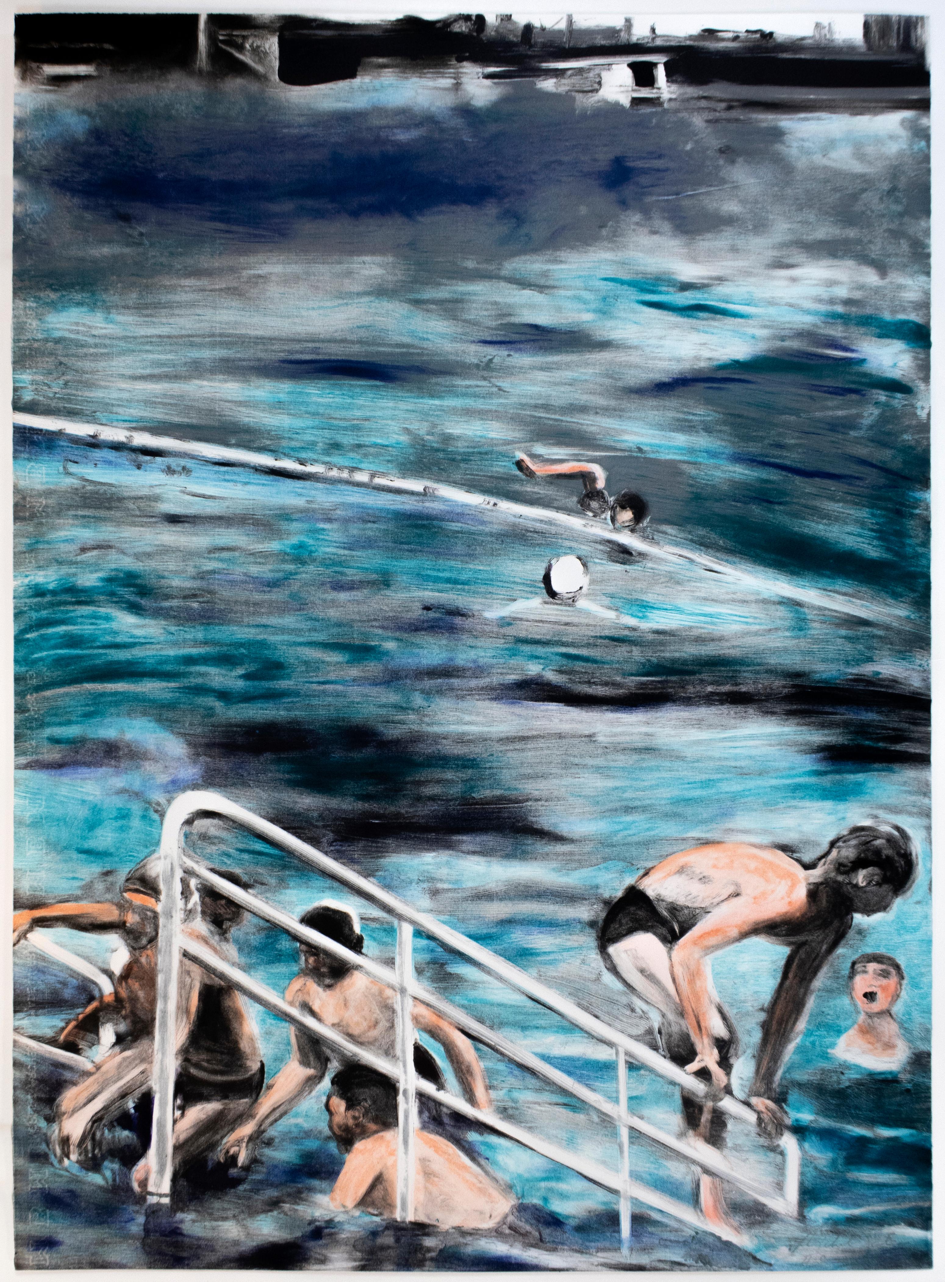Tentación de existir: paisaje acuático Pintura monotipo de nadadores paisaje urbano - Print de Michele Zalopany
