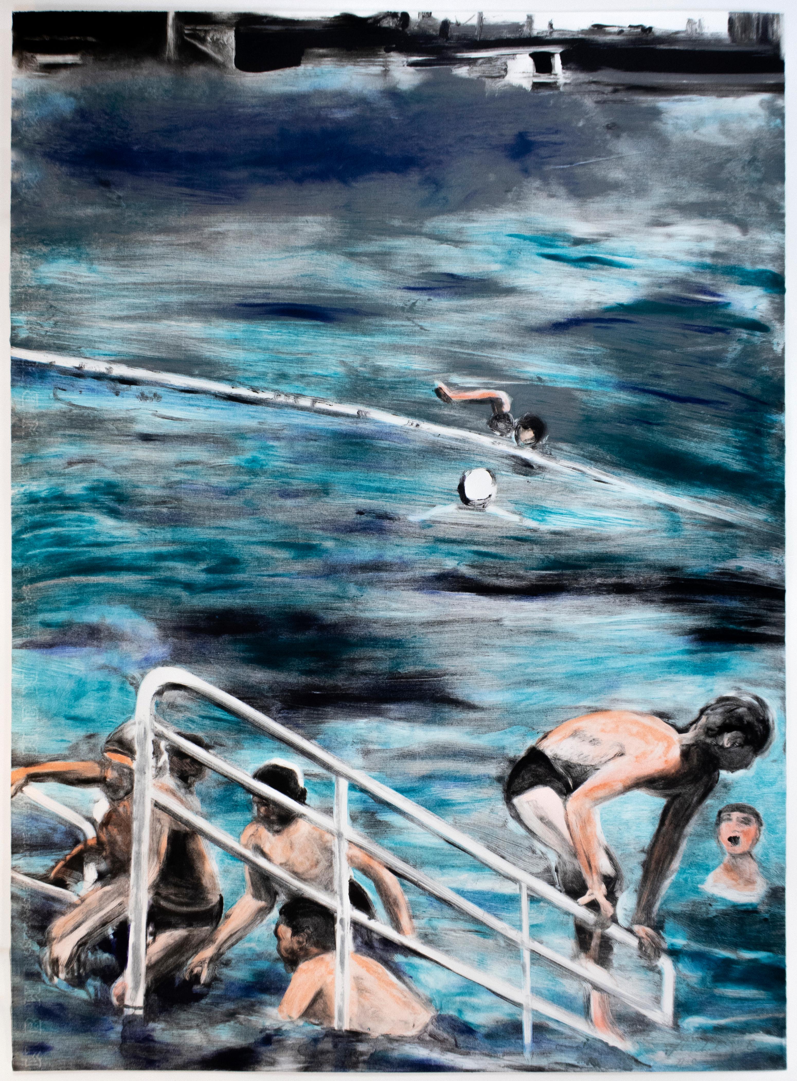 Temptation to Exist: waterscape Monotype painting of swimmers city landscape  - Print by Michele Zalopany