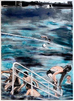 Temptation to Exist: waterscape Monotype painting of swimmers city landscape