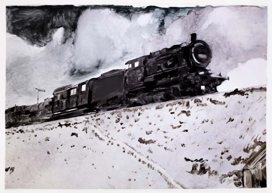 Train: Monotype landscape painting of countryside sky and clouds in monochrome