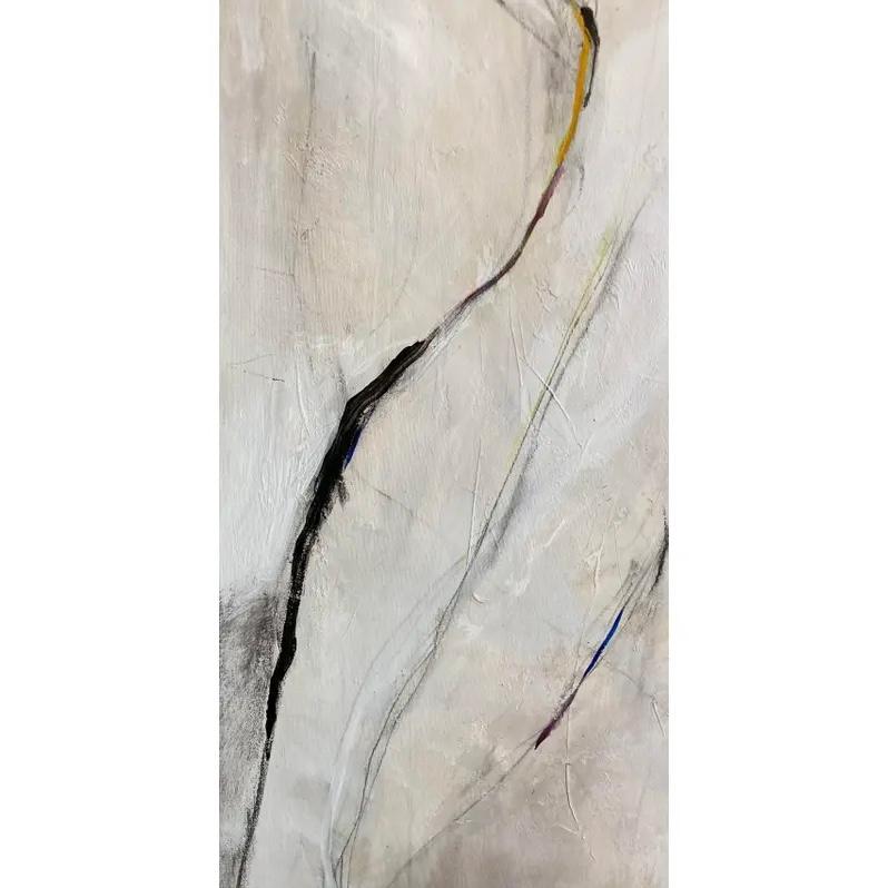 Michele Zuzalek Large contemporary abstract figurative painting with red, yellow, blue, green lines of color in the figure’s outline. This work is guaranteed to be a centerpiece on any wall and a conversation piece. Materials include colored