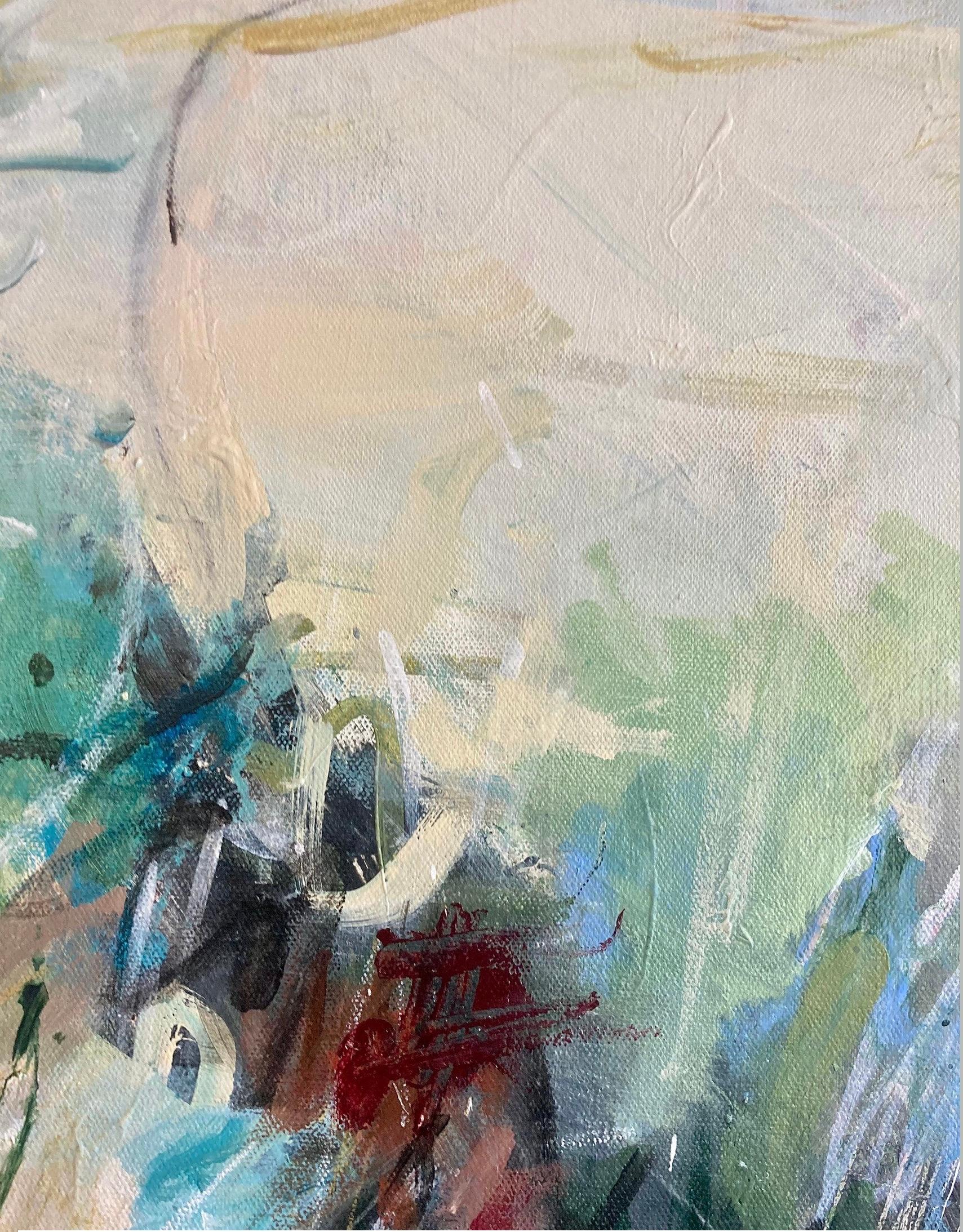 Large original modern abstract landscape painting. 
Titled: ‘Second Chances’
This original mixed media painting features acrylics, graphite, inks, and oil pastel on canvas. It is gestural, and passionate in it’s movement texture, texture and