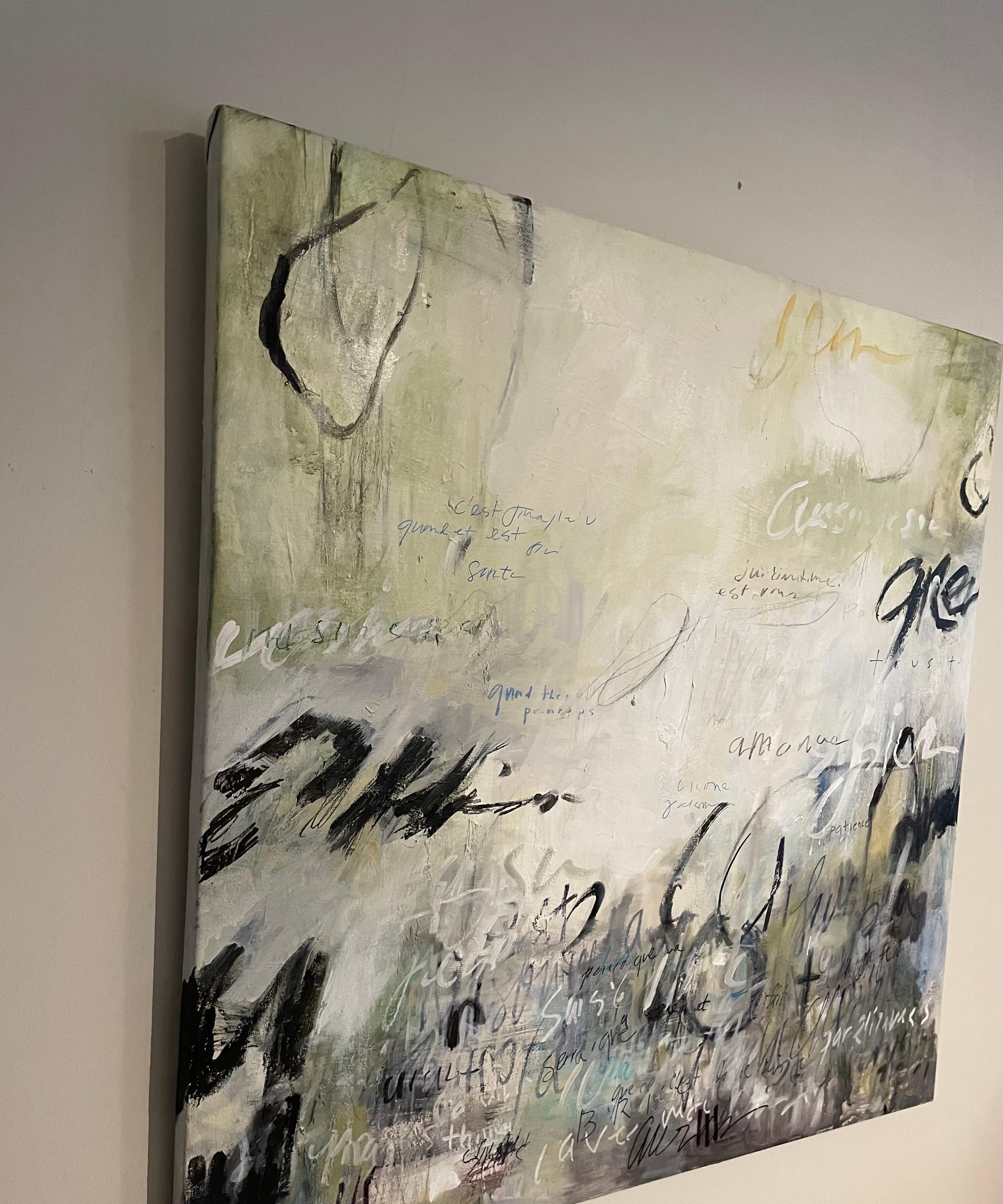 Large abstract painting in neutral colors.
This painting titled 