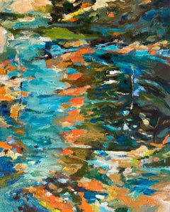 Impressionistisches abstraktes Gemälde in lebhaften Blau-, Orange- und Grüntönen 
