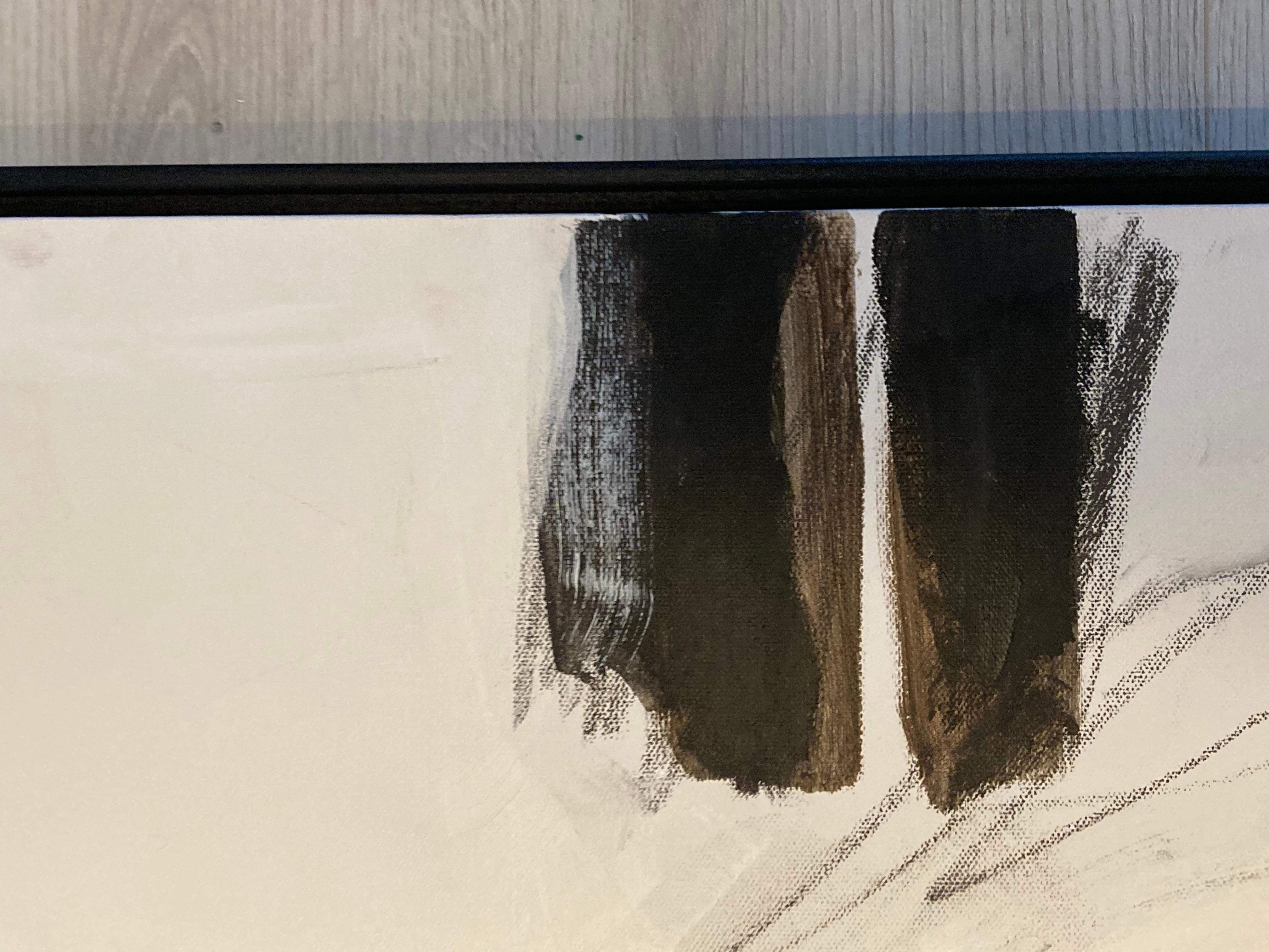 Grande peinture abstraite minimaliste originale moderne avec du noir, du blanc et du marron doux.
Encadré dans un cadre flottant moderne noir,
intitulé 