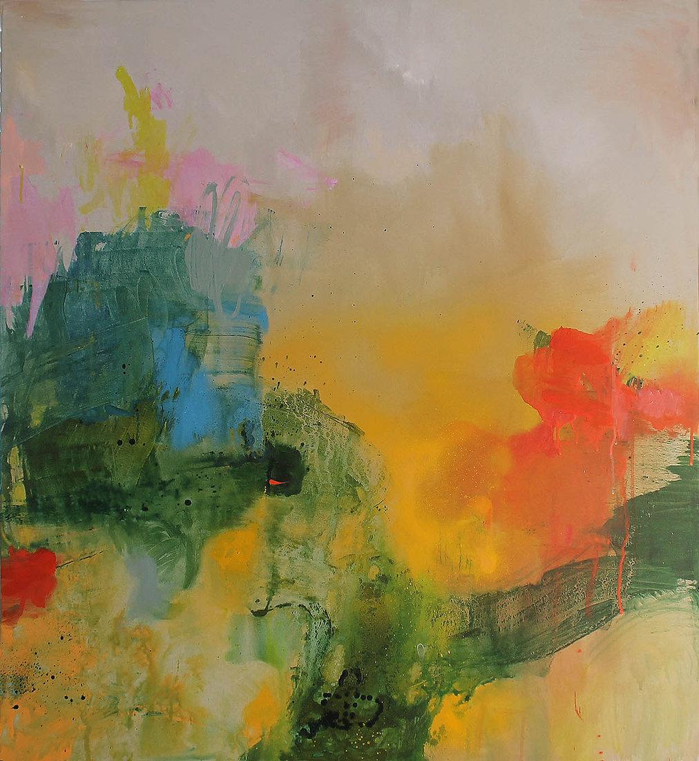 Large abstract modern painting in bold colors reds, turquoise, orange, green.  For Sale 1