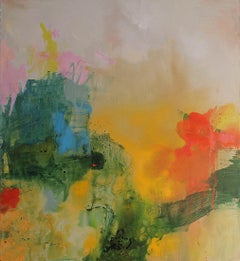 Large abstract modern painting in bold colors reds, turquoise, orange, green. 