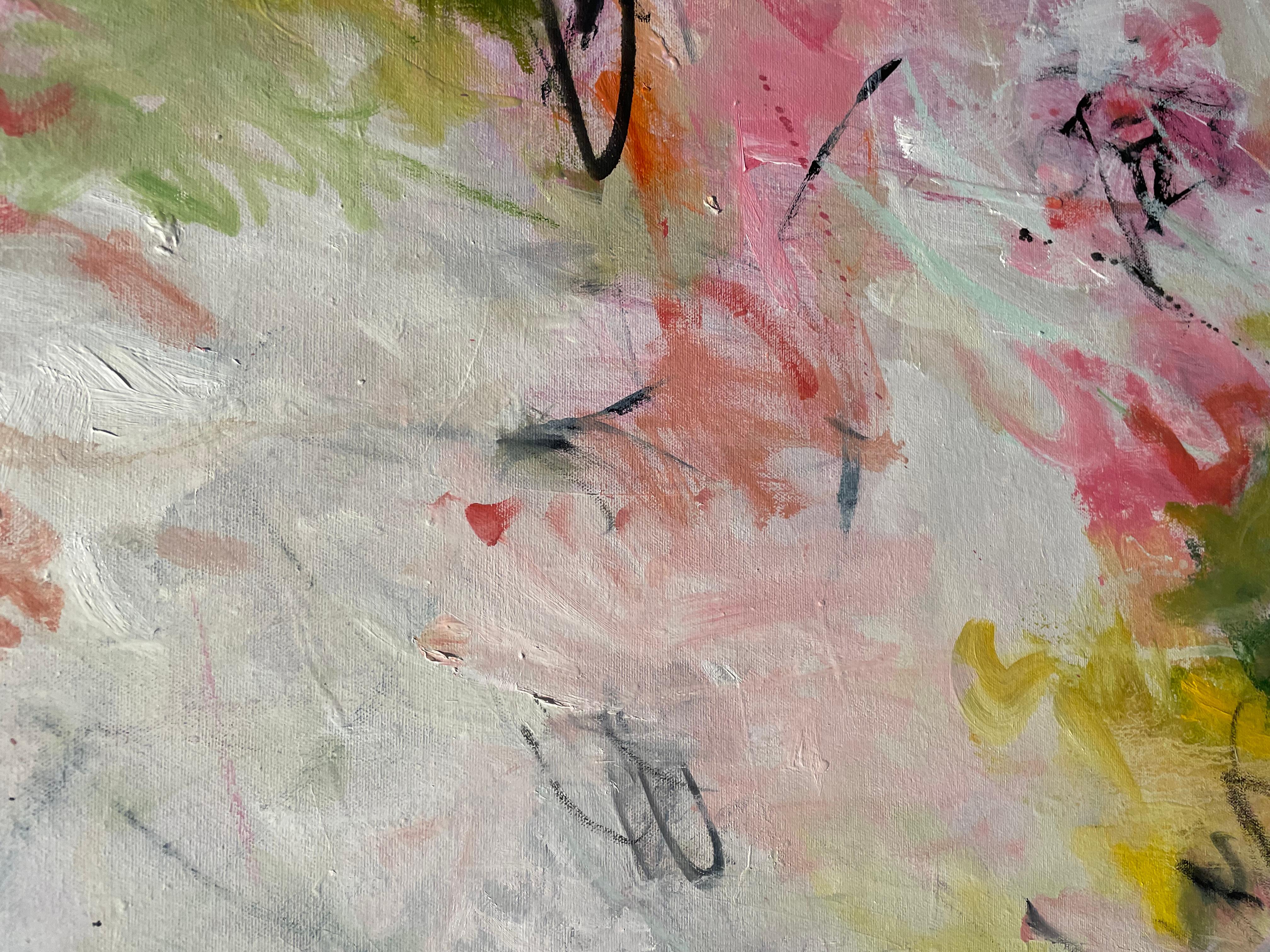 Large abstract original painting in pinks and soft green titled 'Her Wild Heart' - Abstract Expressionist Mixed Media Art by Michele Zuzalek