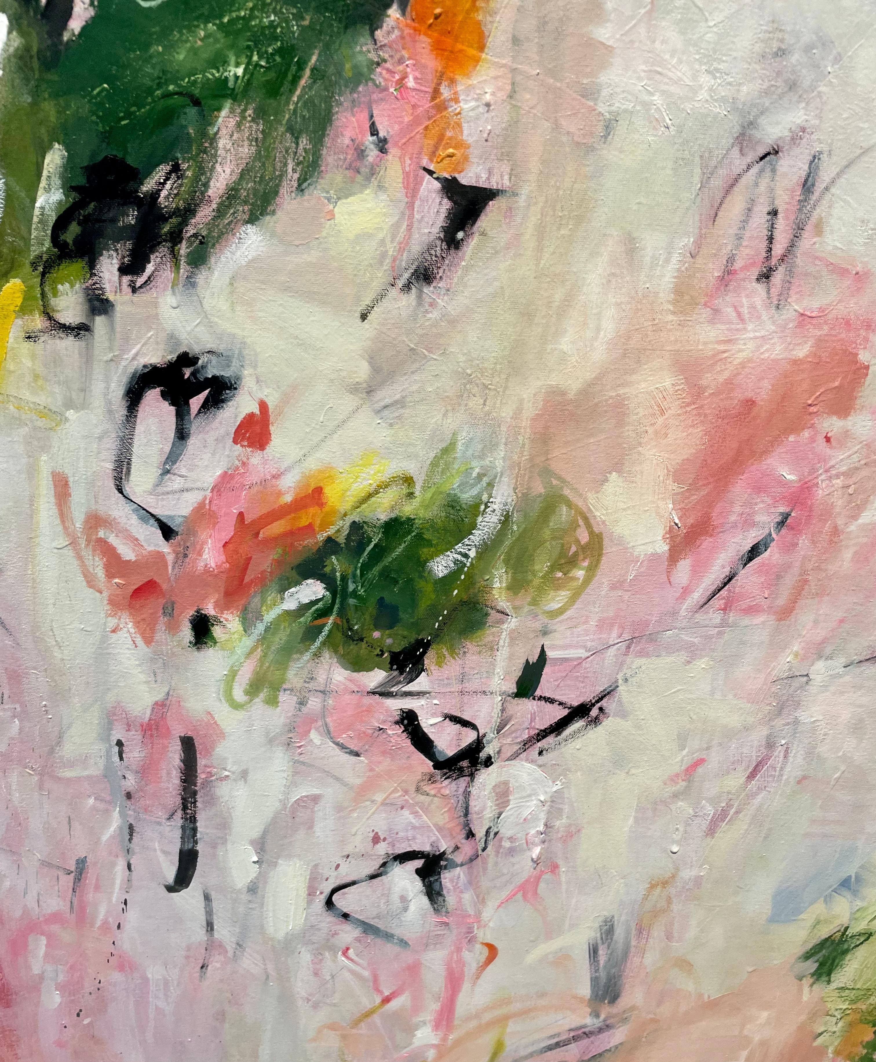 Large abstract original painting in pinks and soft green titled 'Her Wild Heart' For Sale 1
