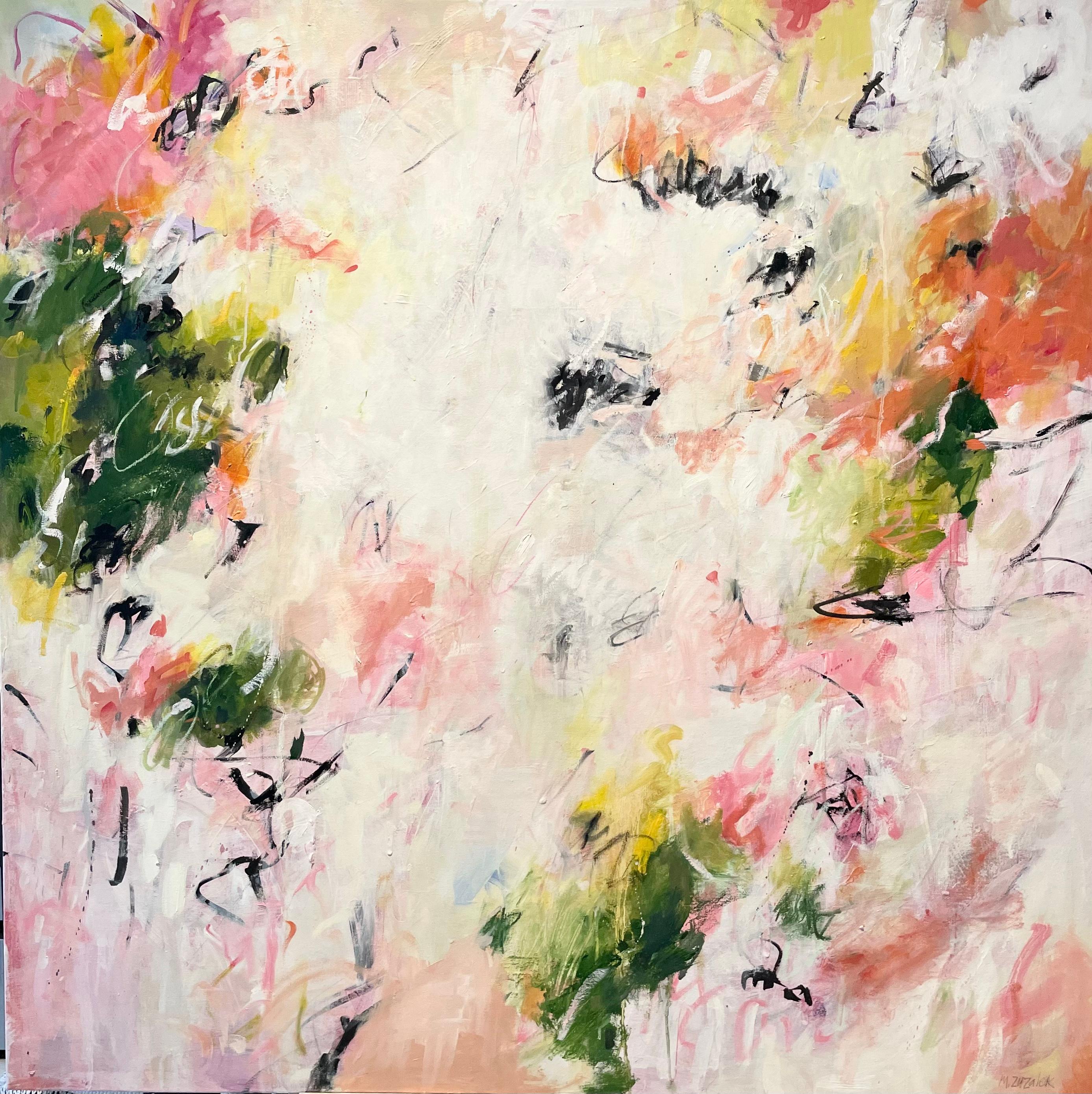 Large abstract original painting in pinks and soft green titled 'Her Wild Heart' - Mixed Media Art by Michele Zuzalek