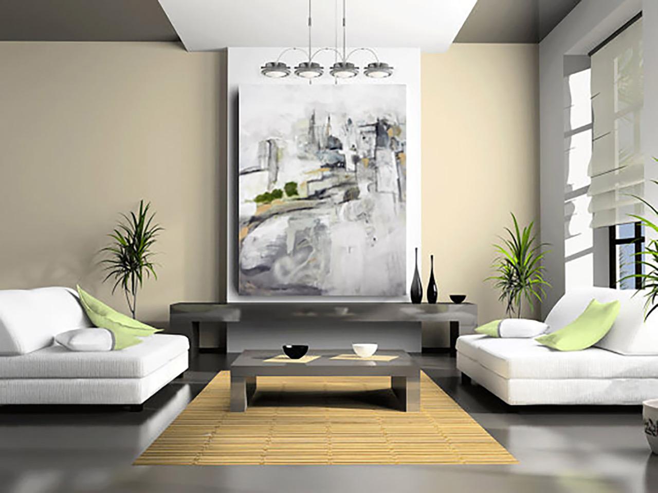 Large abstract painting neutral colors titled 'New York-Encroachment' - Painting by Michele Zuzalek