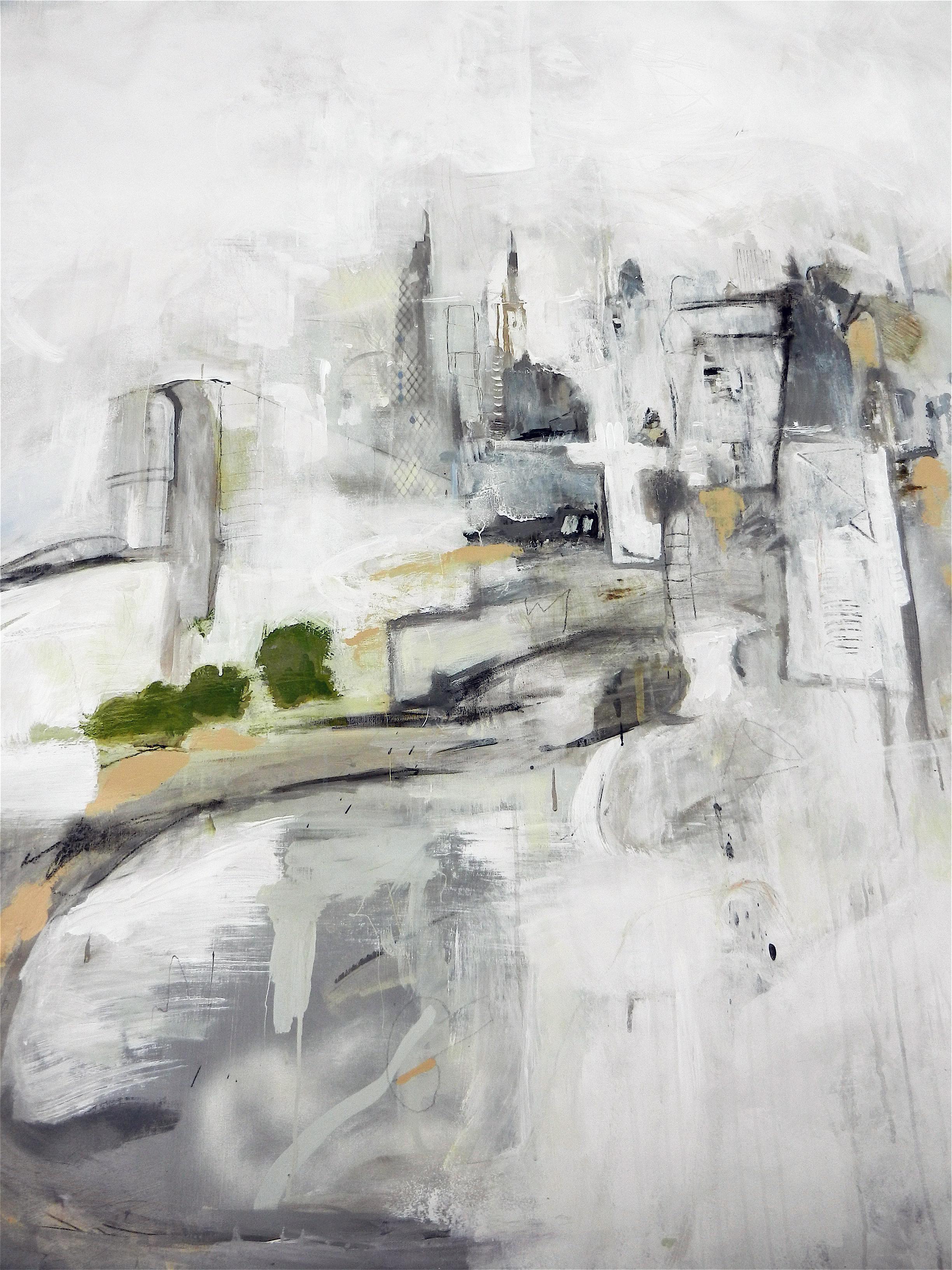 Large contemporary abstract modern painting neutral colors titled Encroachment