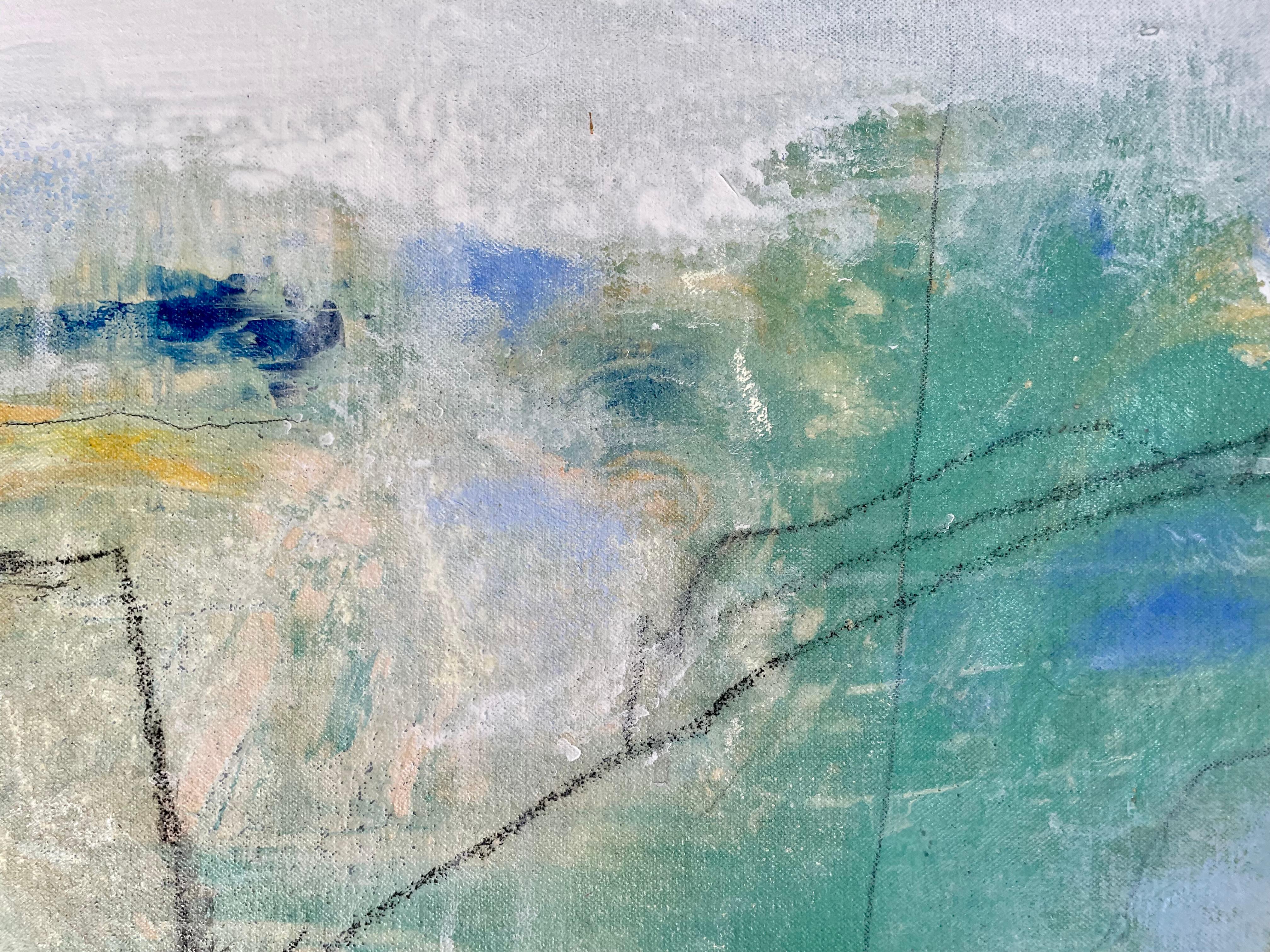 Michele Zuzalek
Large modern expressive abstract painting has ocean colors in seagrass blue, turquoise blue, sand, cream, gray, and white.
Titled: Changing Tides
My painting is inspired by my connection to the sea and nature dominates my work. This