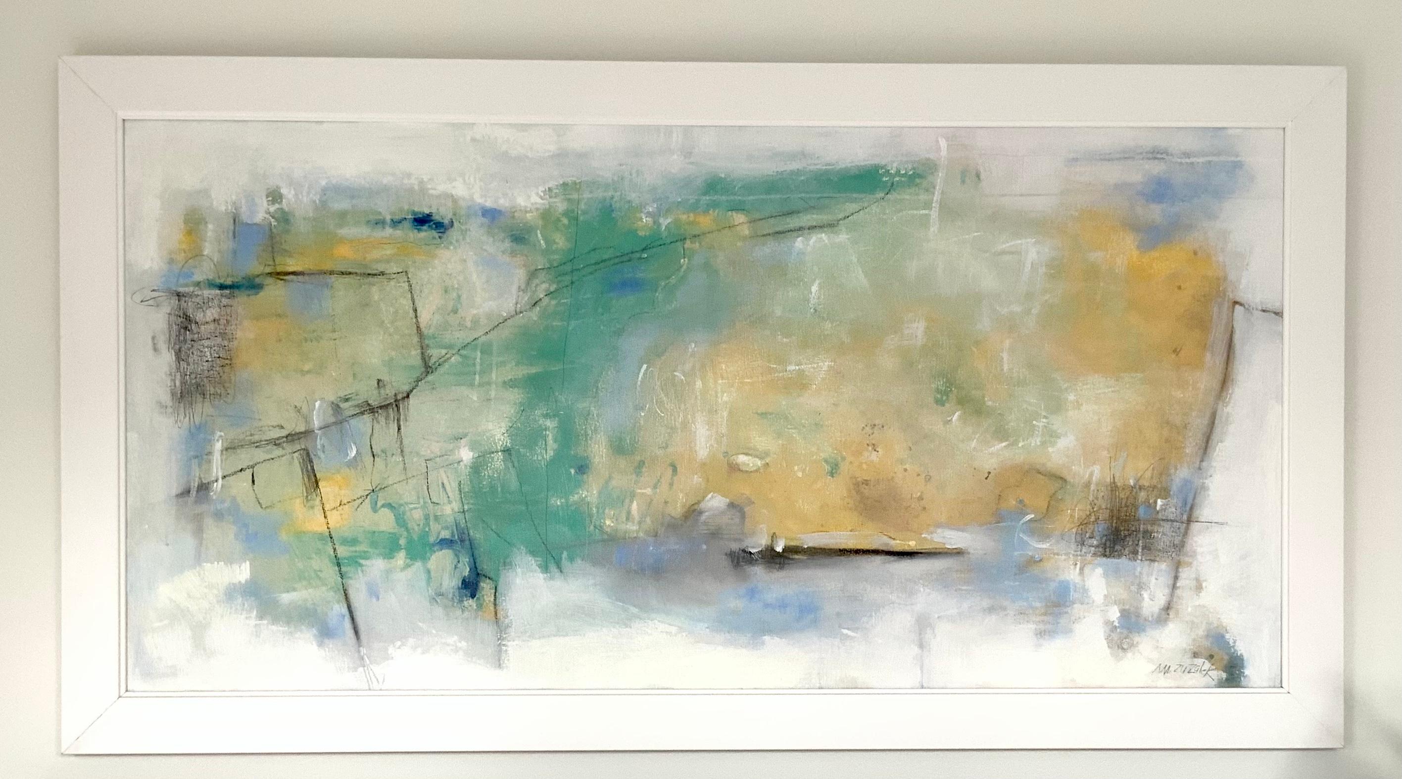 Large modern abstract horizontal painting titled Changing Tides