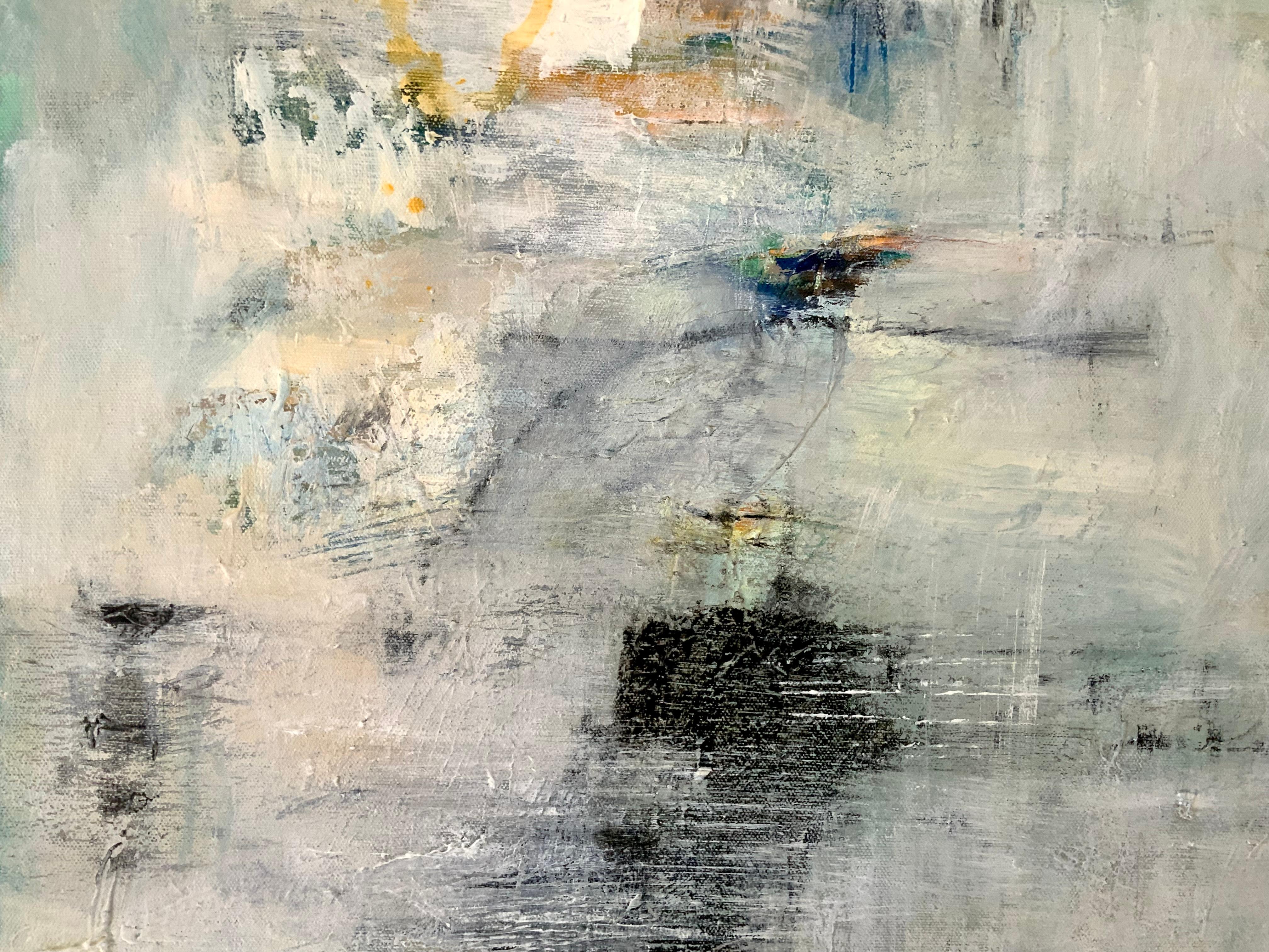 Large original abstract expressionism in a neutral palette. This contemporary painting has expressive marks, texture, and bold brush strokes. The title of the painting is Positive Forward and signed on the front and back. 
The colors include grey,