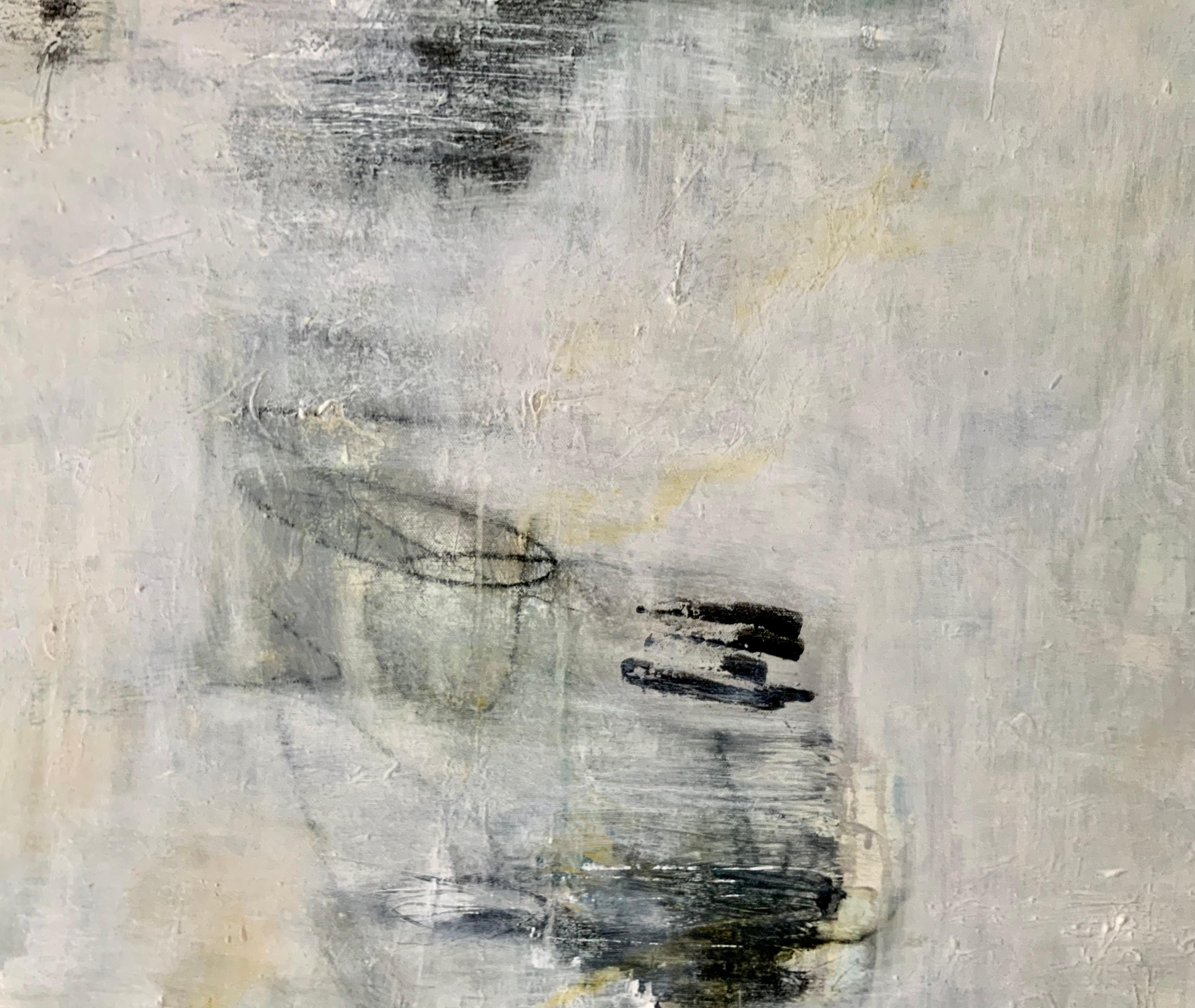 Large abstract titled Positive Forward in mixed media with neutral colors. 1
