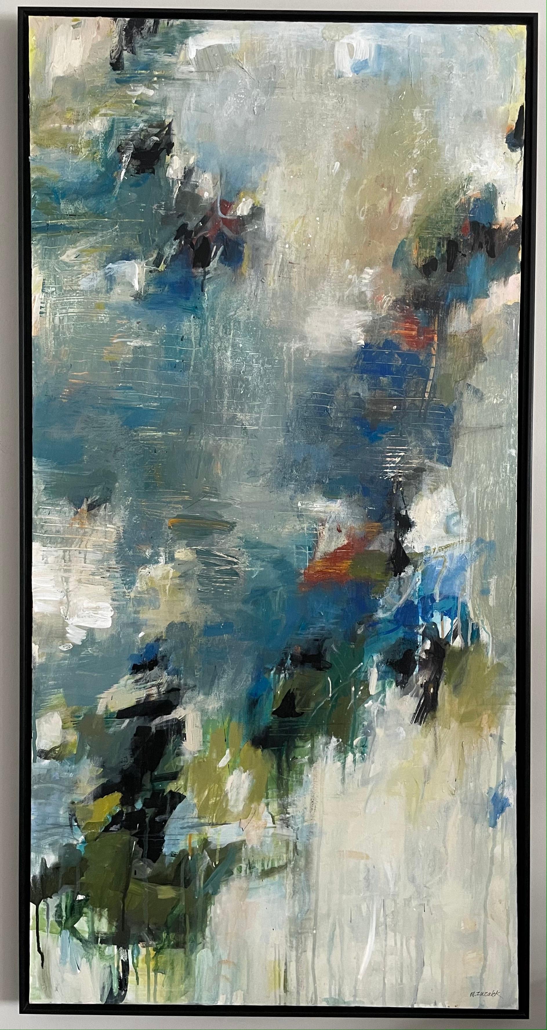 Large original modern abstract landscape painting titled "Ambedo"
This original mixed media painting features acrylics, ink, and oil pastel on canvas.
It embodies how we can become completely absorbed in the beauty of being alive. The soft neutrals