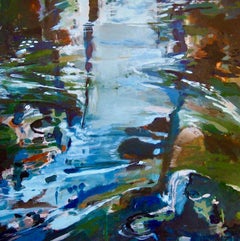 "Trouver Le Bon Moment" Large Abstract Landscape Blues Browns by Michele Zuzalek
